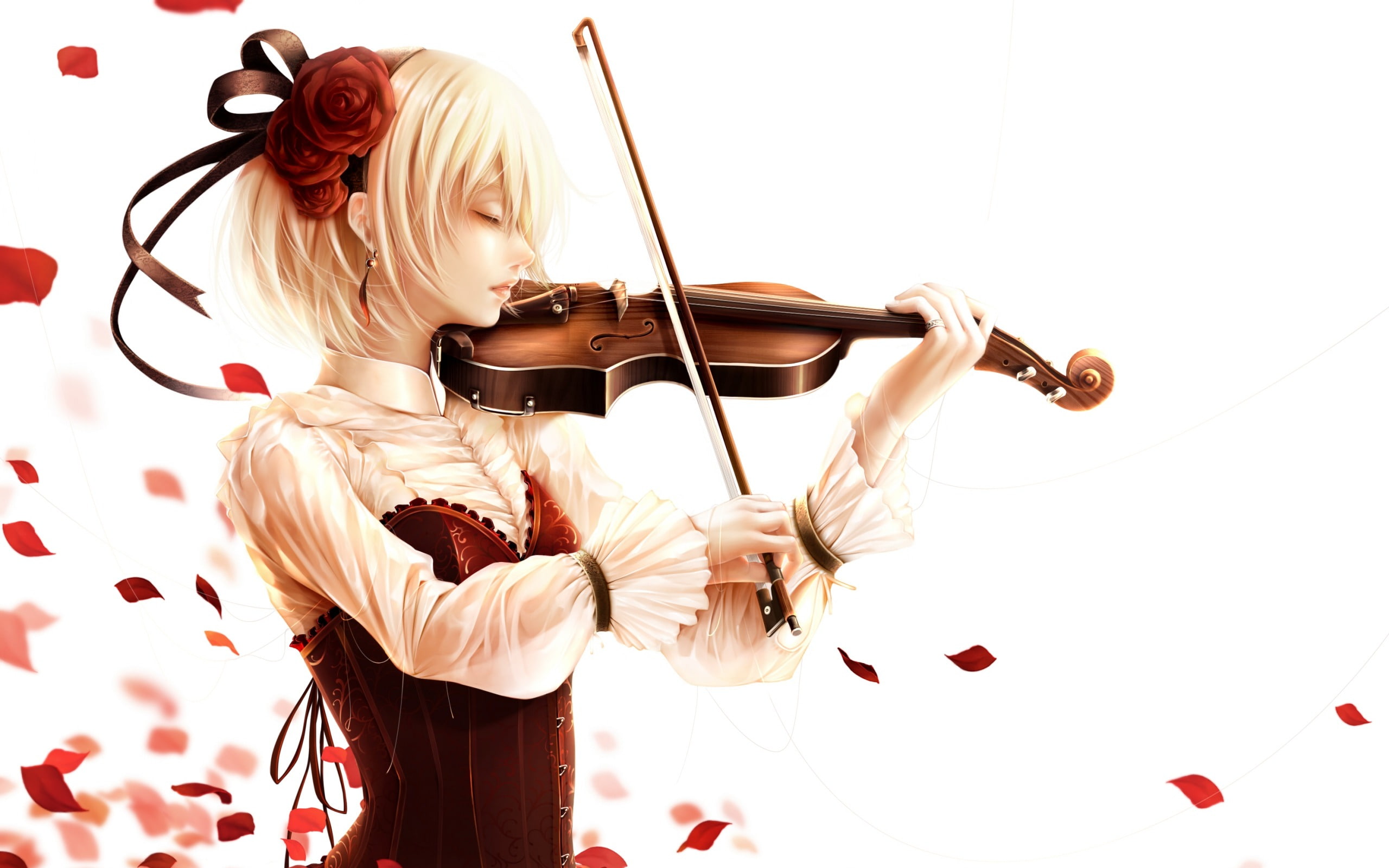 musical instrument, violin, design, indoors, bouno, artist, playing, holding, 2K, satoshi, hd, anime, hair, girl, blond hair, hairstyle, arts culture and entertainment, HD Wallpaper