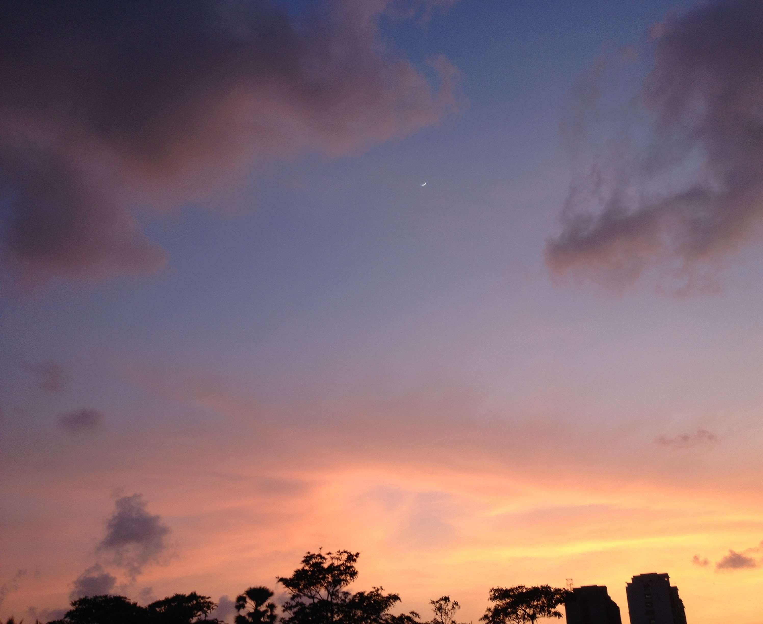 sunset, silhouette, romantic sky, environment, orange color, clouds, moon, idyllic, no people, ramadan, cloud - sky, outdoors, nature, dramatic sky, 2K, HD Wallpaper