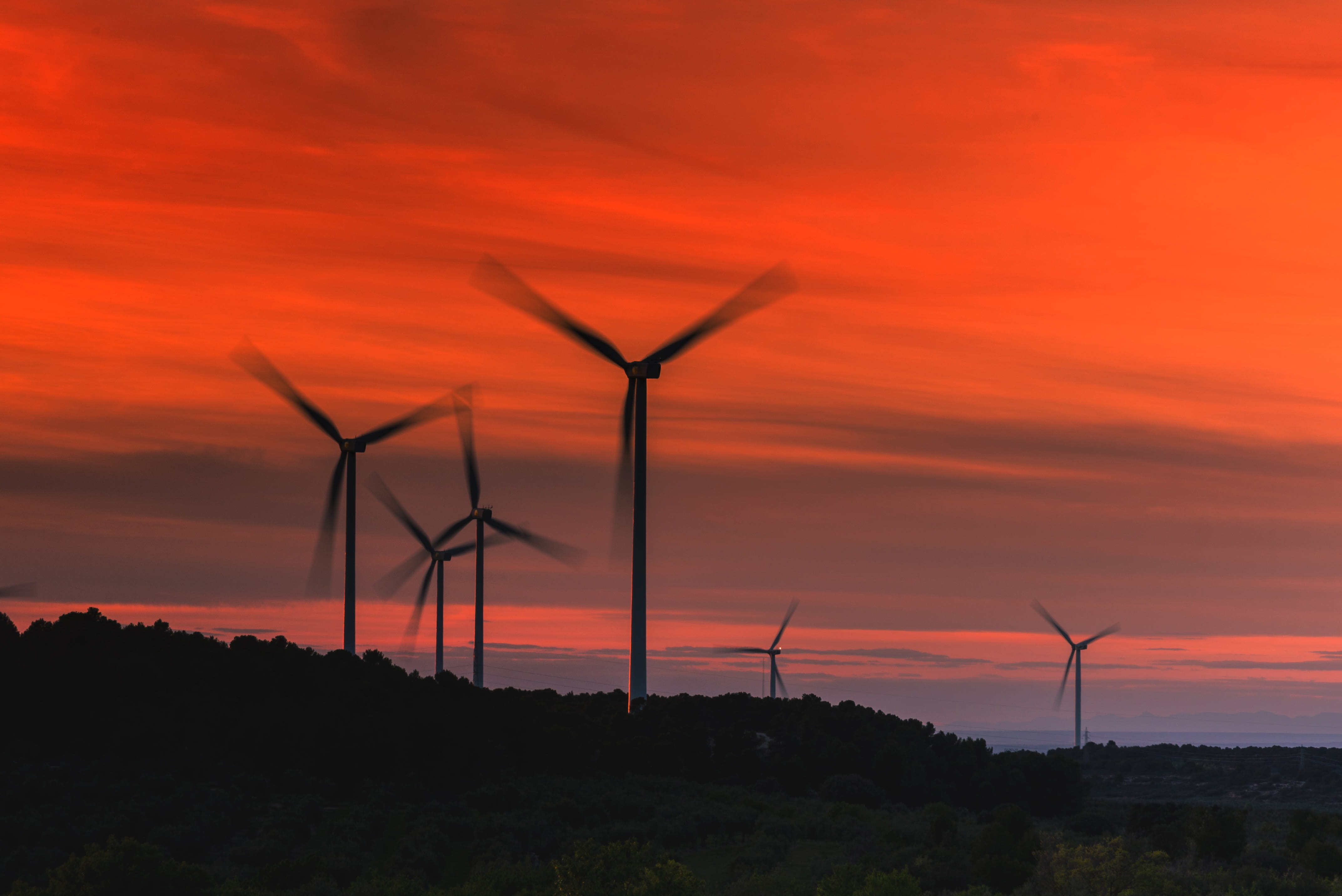 scenics - nature, sunset, renewable, silhouette, Windmill, turbine, environment, no people, power generation, Power, wind, generator, wind farm, orange color, HD Wallpaper