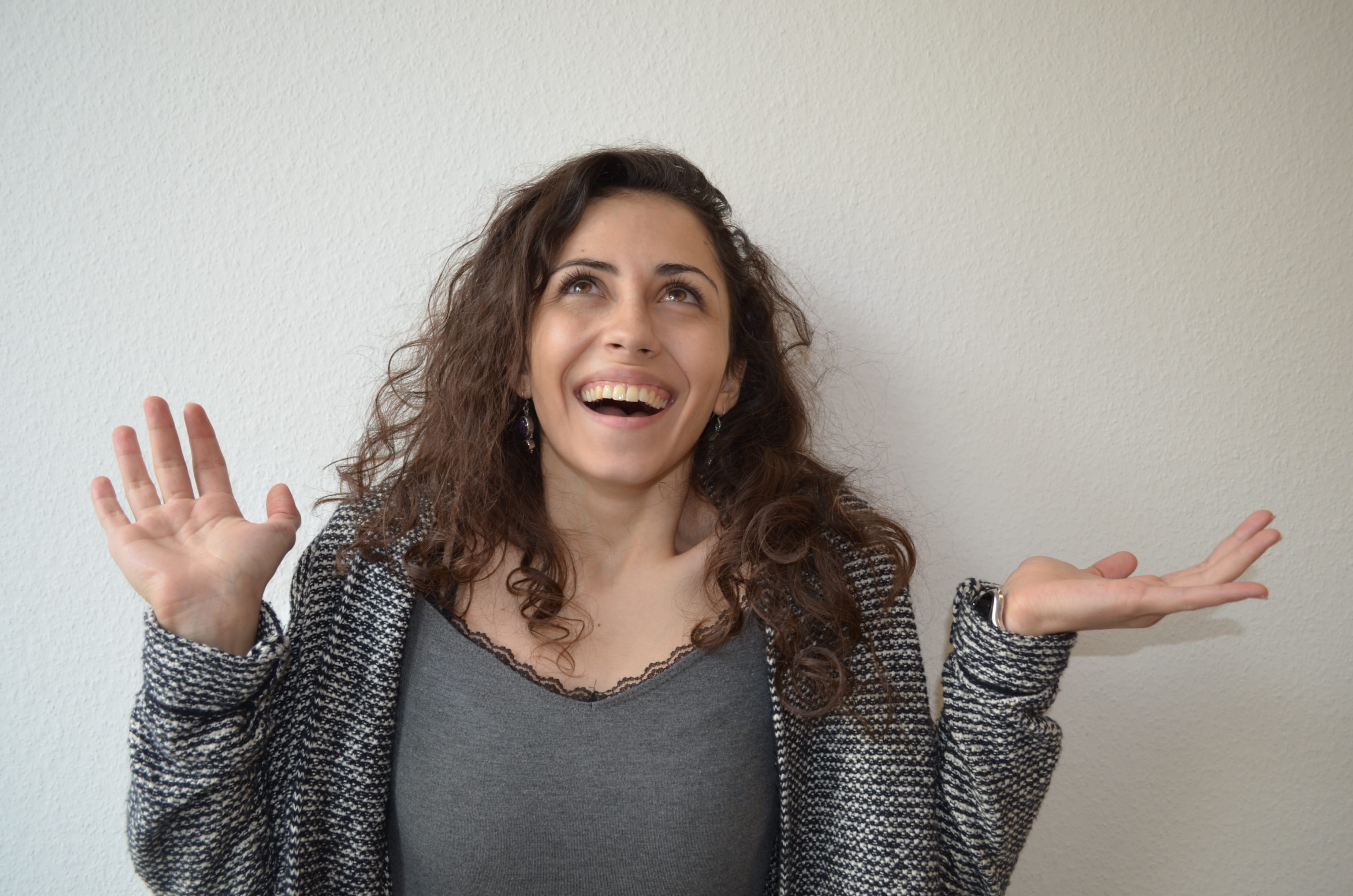emotion, excitement, 2K, women, front view, language school, beautiful woman, cardigan, surprise, positive emotion, arms raised, hand, mouth, limb, hair, HD Wallpaper