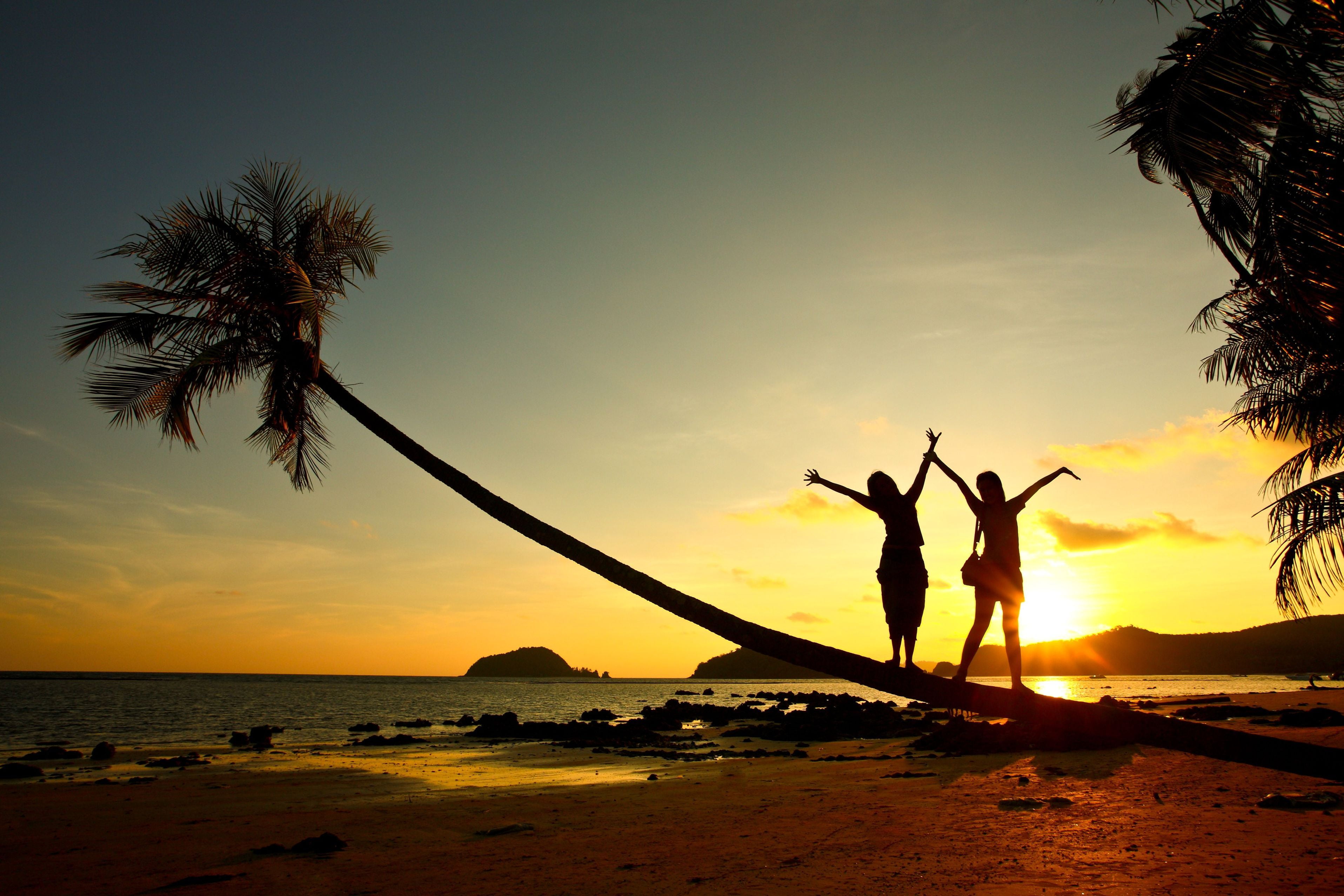 HD, women, outdoors, enjoyment, two people, love, happiness, sky, scenics - nature, land, girl, joy, leisure Activity, orange Color, coconut, HD Wallpaper