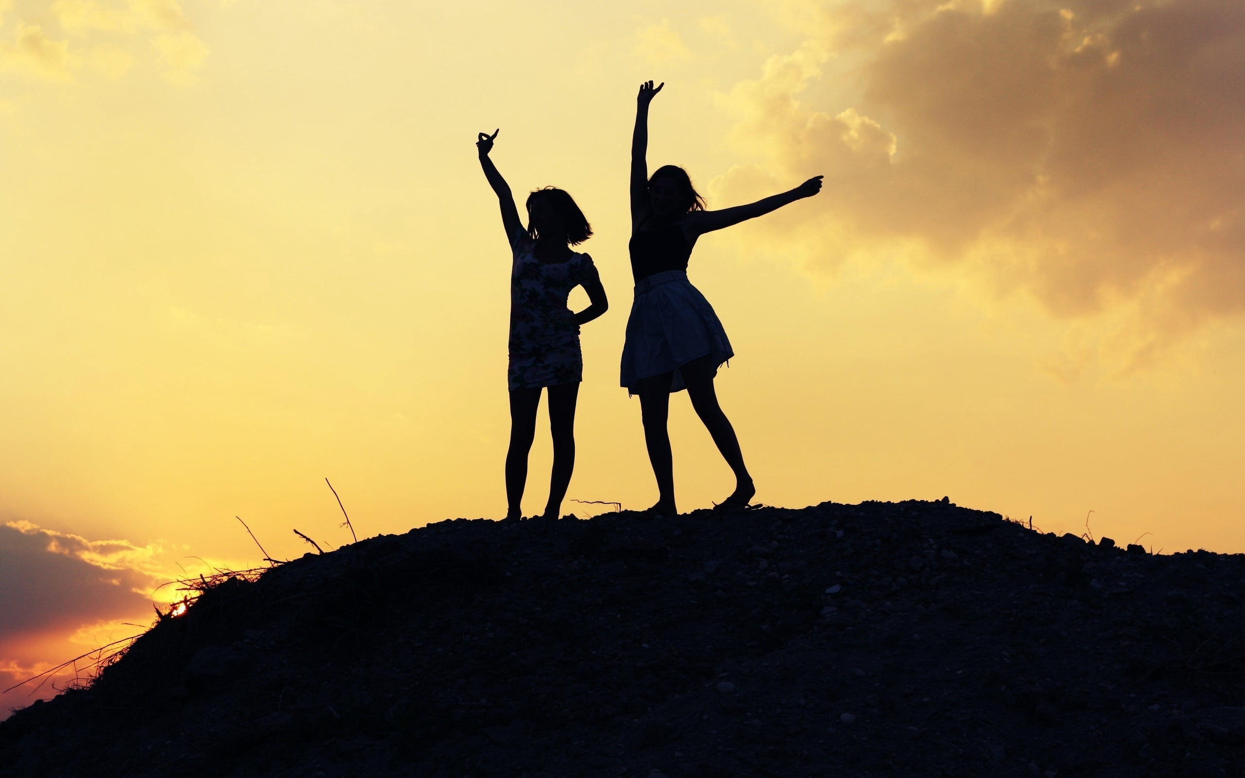 girls, success, joy, sun, cloud - sky, togetherness, adult, mountain Peak, back Lit, females, arms Outstretched, people, sunset, group Of People, smiling, HD Wallpaper