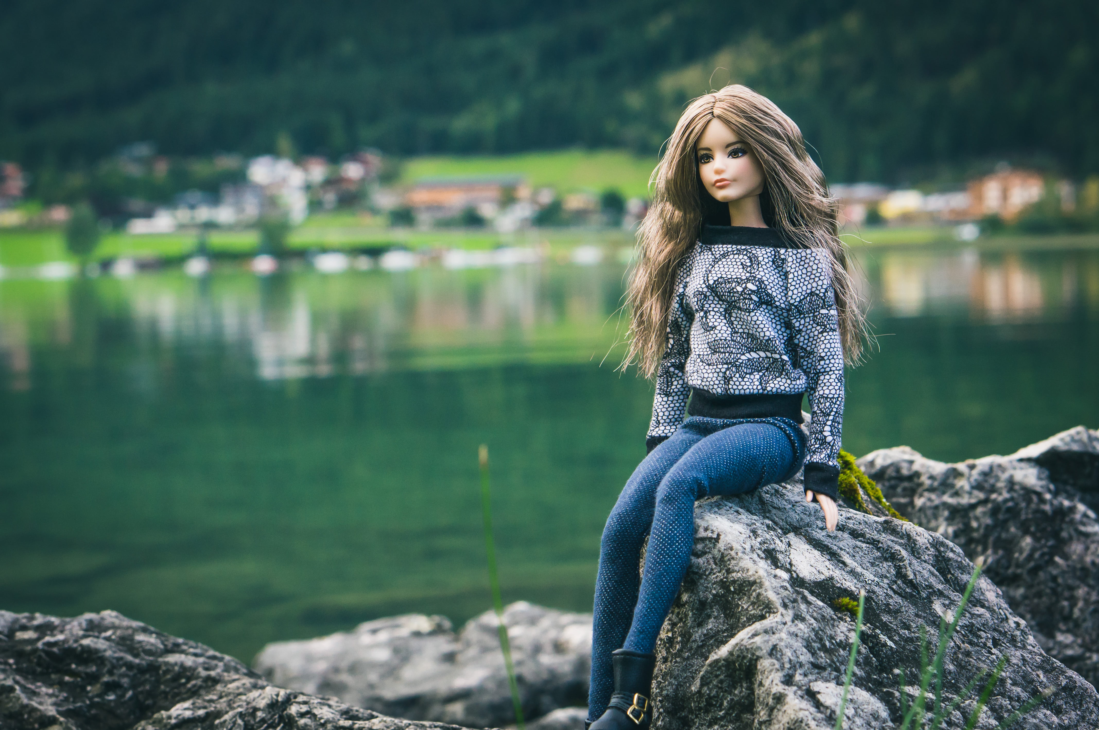 shirt, water, long, black, looking at camera, barbie, gray, solid, 4K, style, sleeved, casual clothing, beauty, real people, women, doll, lake, girl, portrait, HD Wallpaper