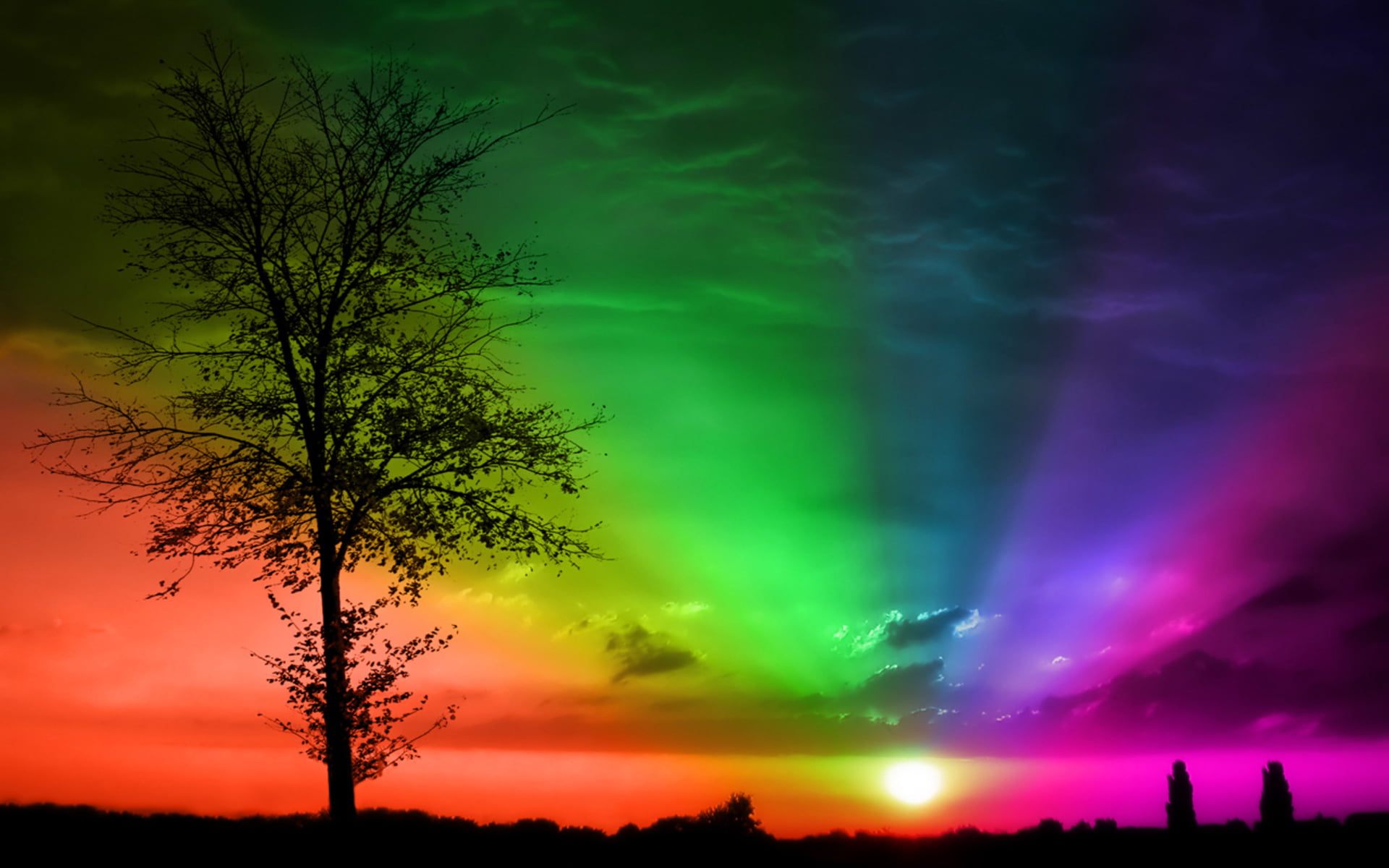 orange color, night, rainbow, astronomy, Abstract, tree, power in nature, green color, low angle view, tranquility, sunset, nature, aurora polaris, beauty in nature, HD Wallpaper