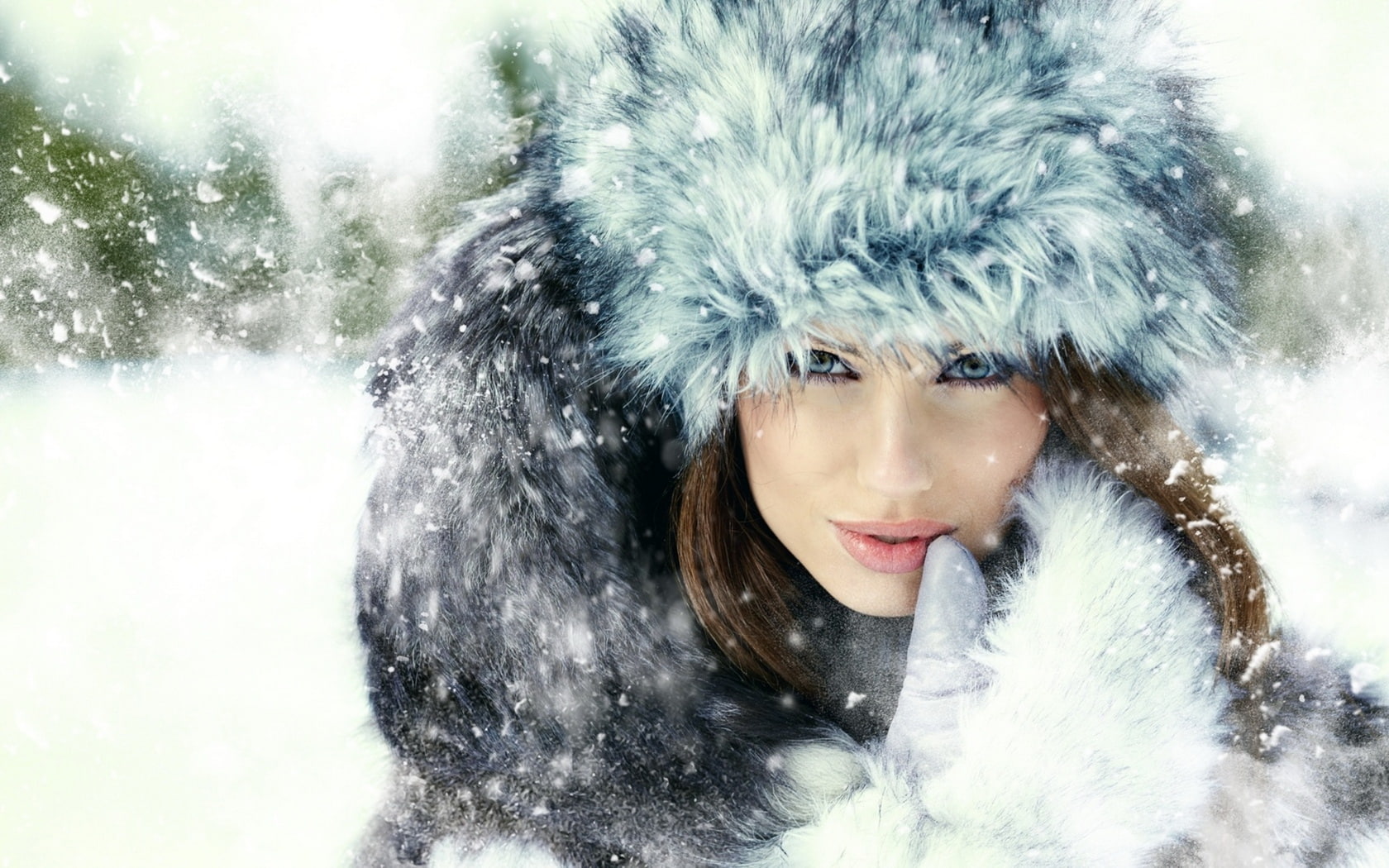 girl, eyes, beautyful, blue, face, 720P, brunette, snow, winter, woman, HD Wallpaper