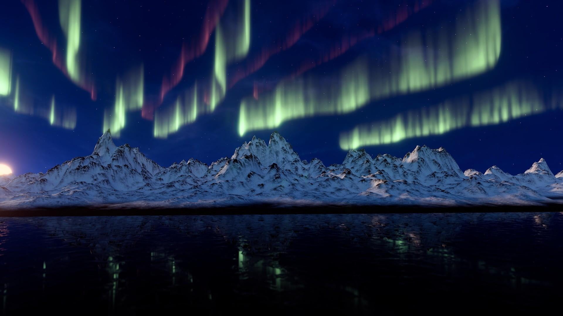 no people, winter, tranquility, mountains, water, northern lights, reflection, aurora borealis, 1080P, cold temperature, mountain, nature, night, lake, HD Wallpaper