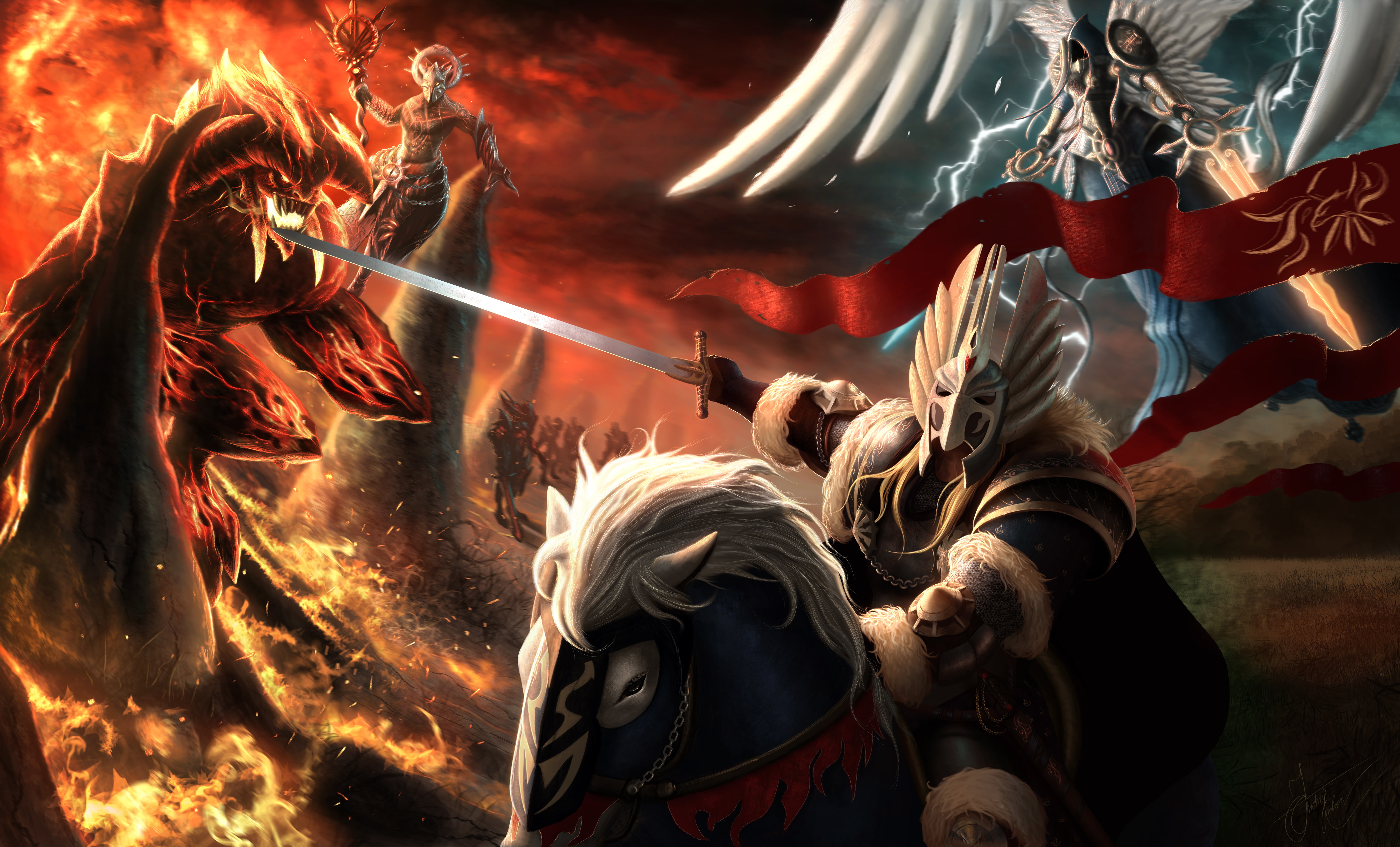 angel, art, sword, Heroes of Might and Magic, rider, armor, 5K, horse, magic, the demon, HD Wallpaper