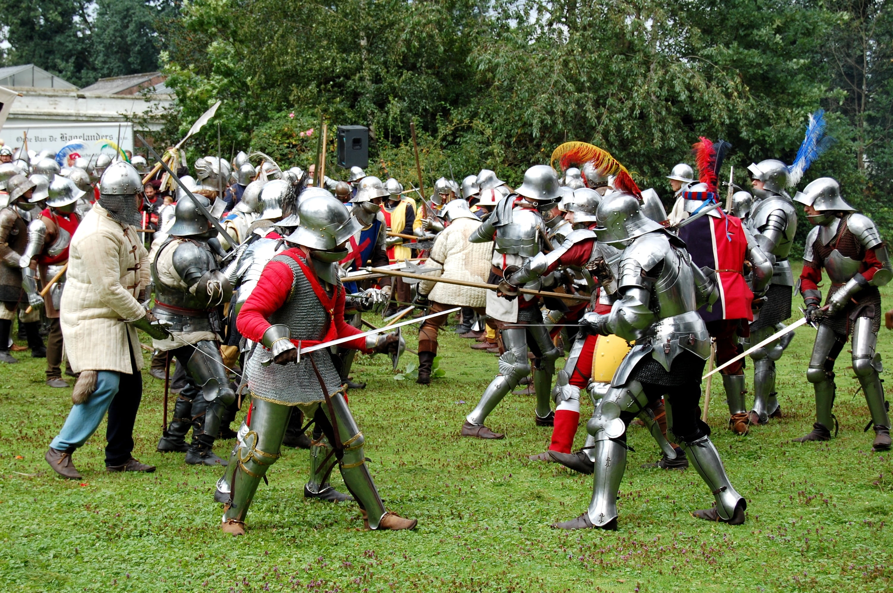 spears, grass, parade, musician, hats, headwear, men, plant, clothing, uniform, field, large group of people, day, shields, artist, group of people, event, HD Wallpaper