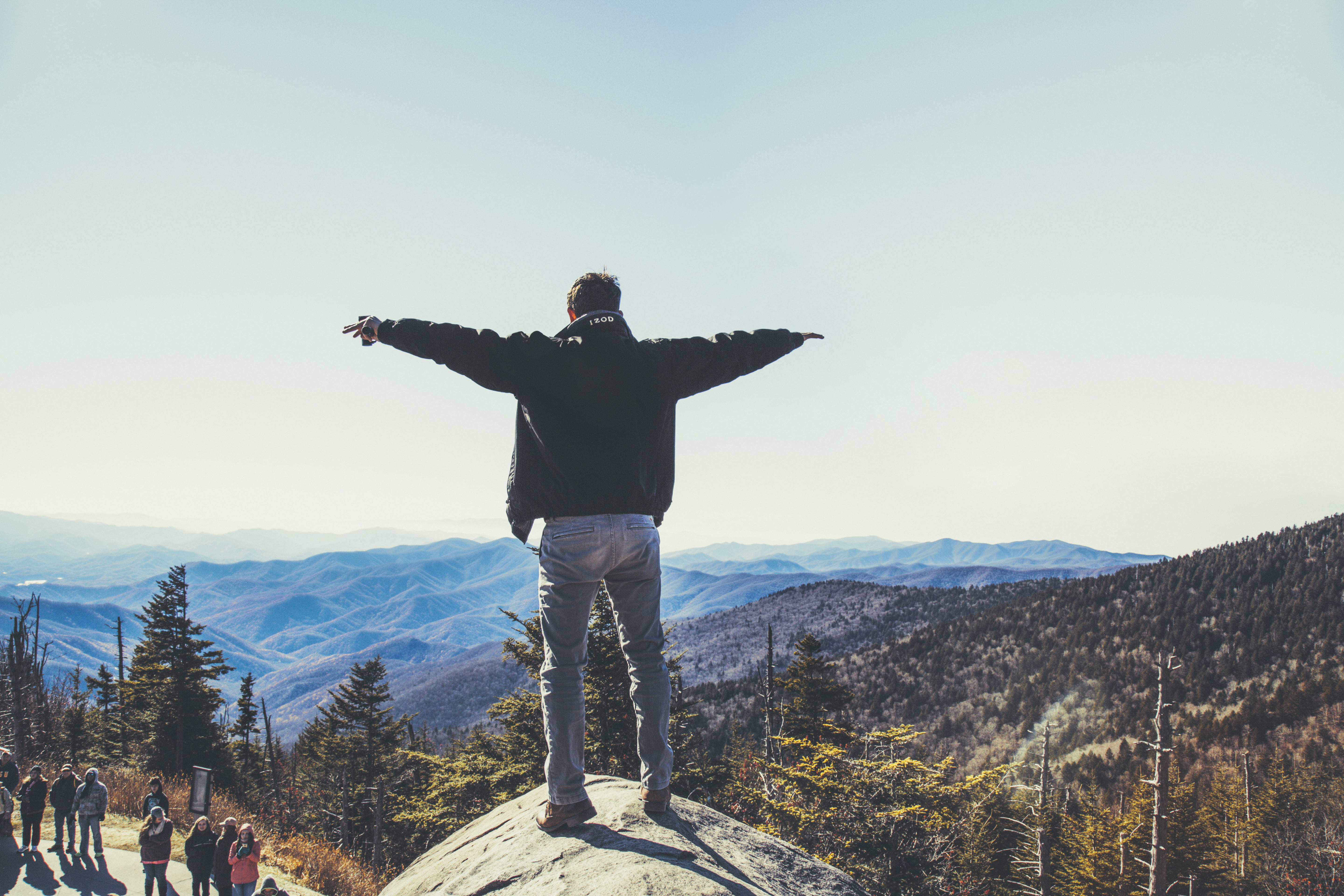 lifestyles, freedom, non-urban scene, mountain range, sky, mountains, casual clothing, united states, limb, human arm, rear view, real people, arms outstretched, HD Wallpaper