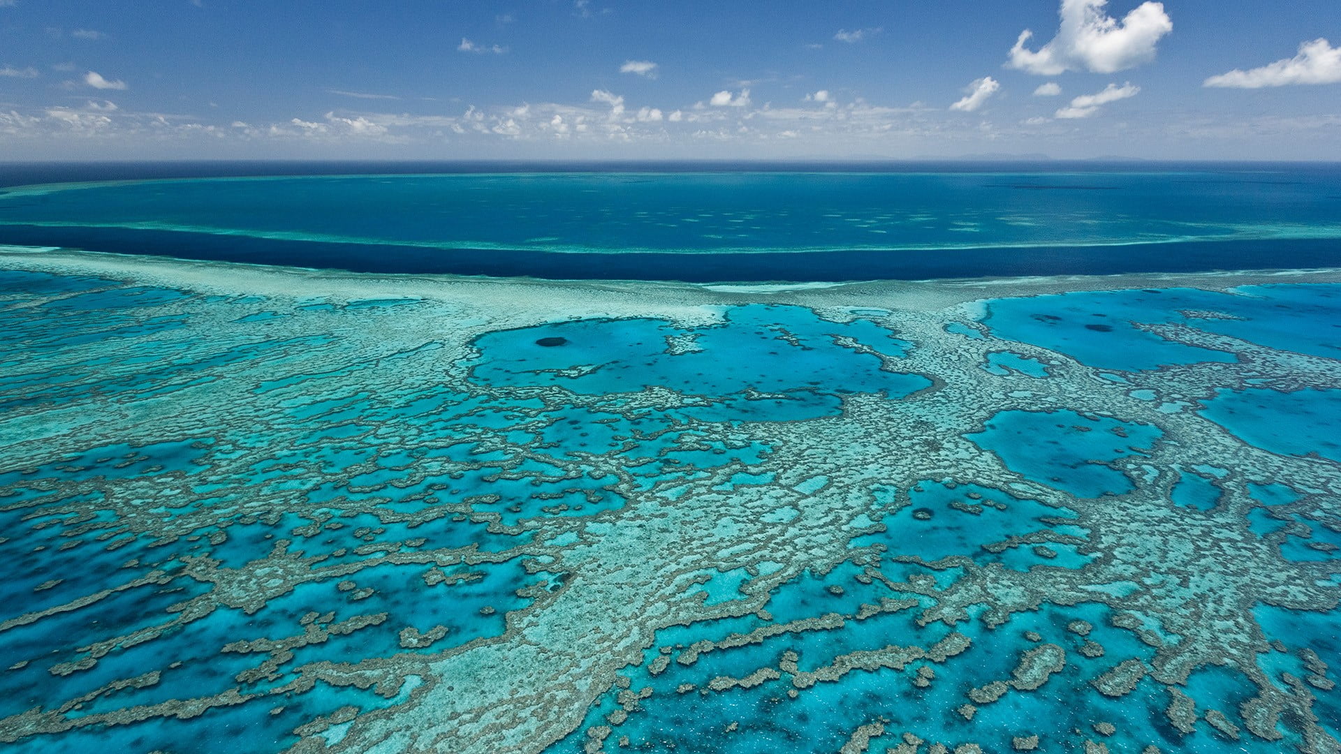 water, 1080P, coral, landscape, coral reef, horizon, Australia, sky, Great Barrier Reef, far view, clouds, nature, HD Wallpaper
