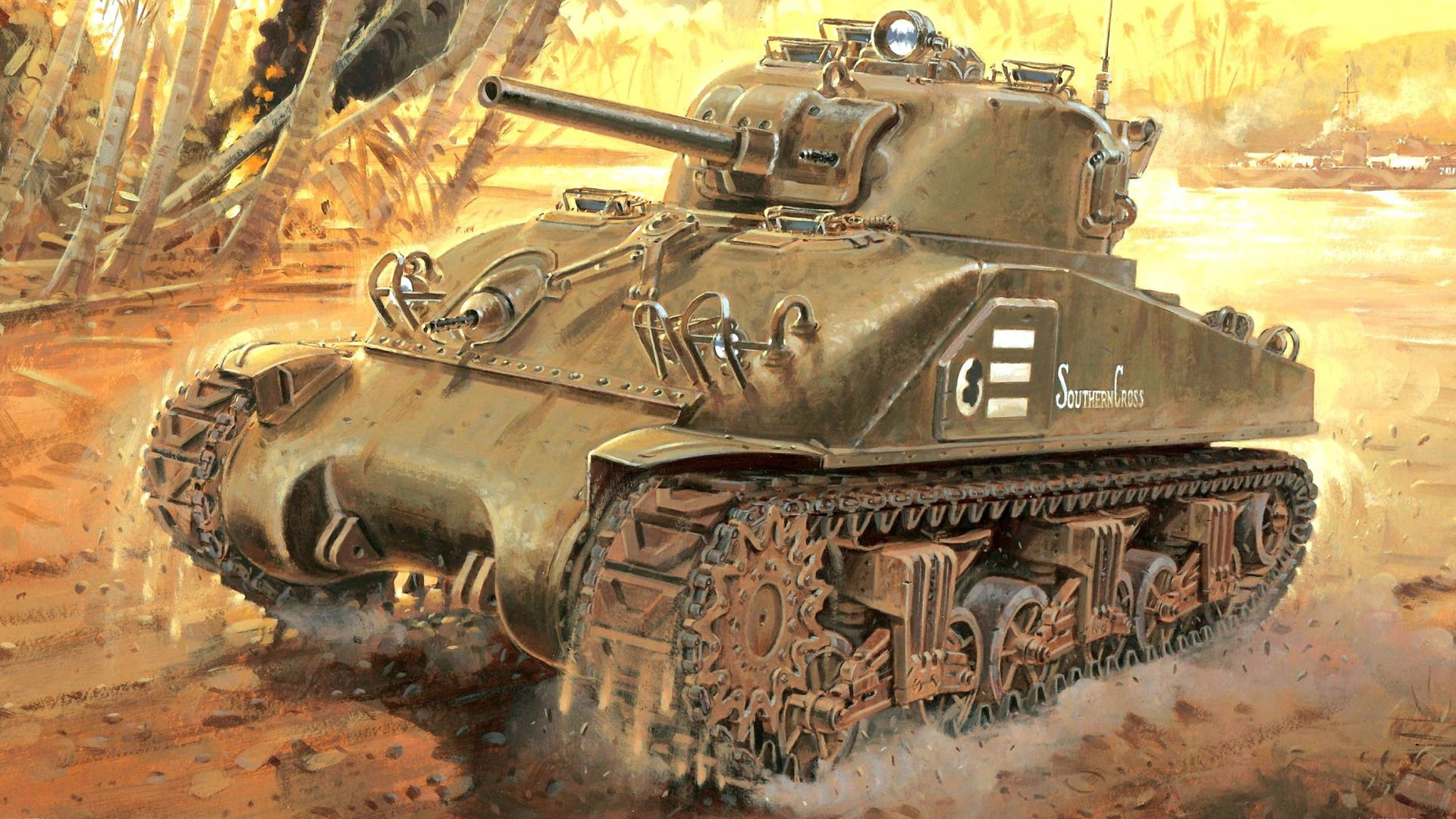 day, armored tank, outdoors, 1080P, armed forces, brown, transportation, USA, field, battle, aggression, train, metal, Sherman, machinery, land, fighting, HD Wallpaper