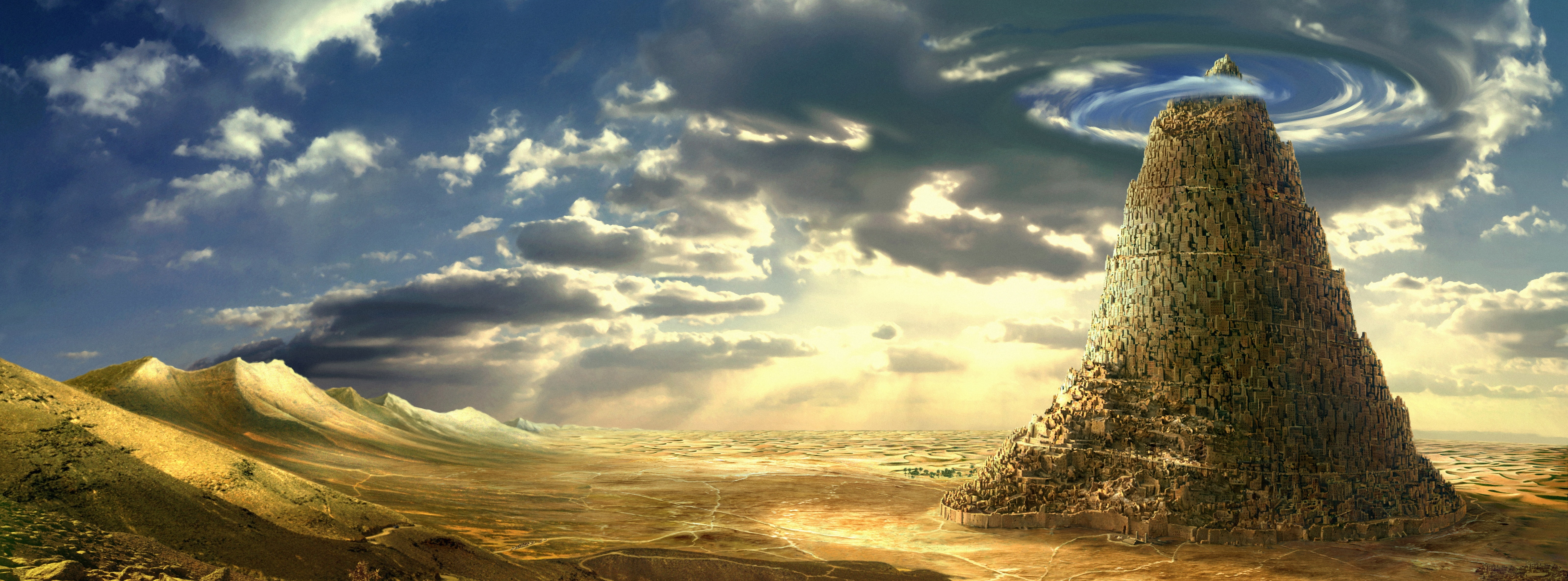 Fantasy, sunlight, religion, landscape, nature, land, mountain, travel destinations, sky, architecture, water, solid, no people, 3D, Tower, Babel, cloud - sky, HD Wallpaper