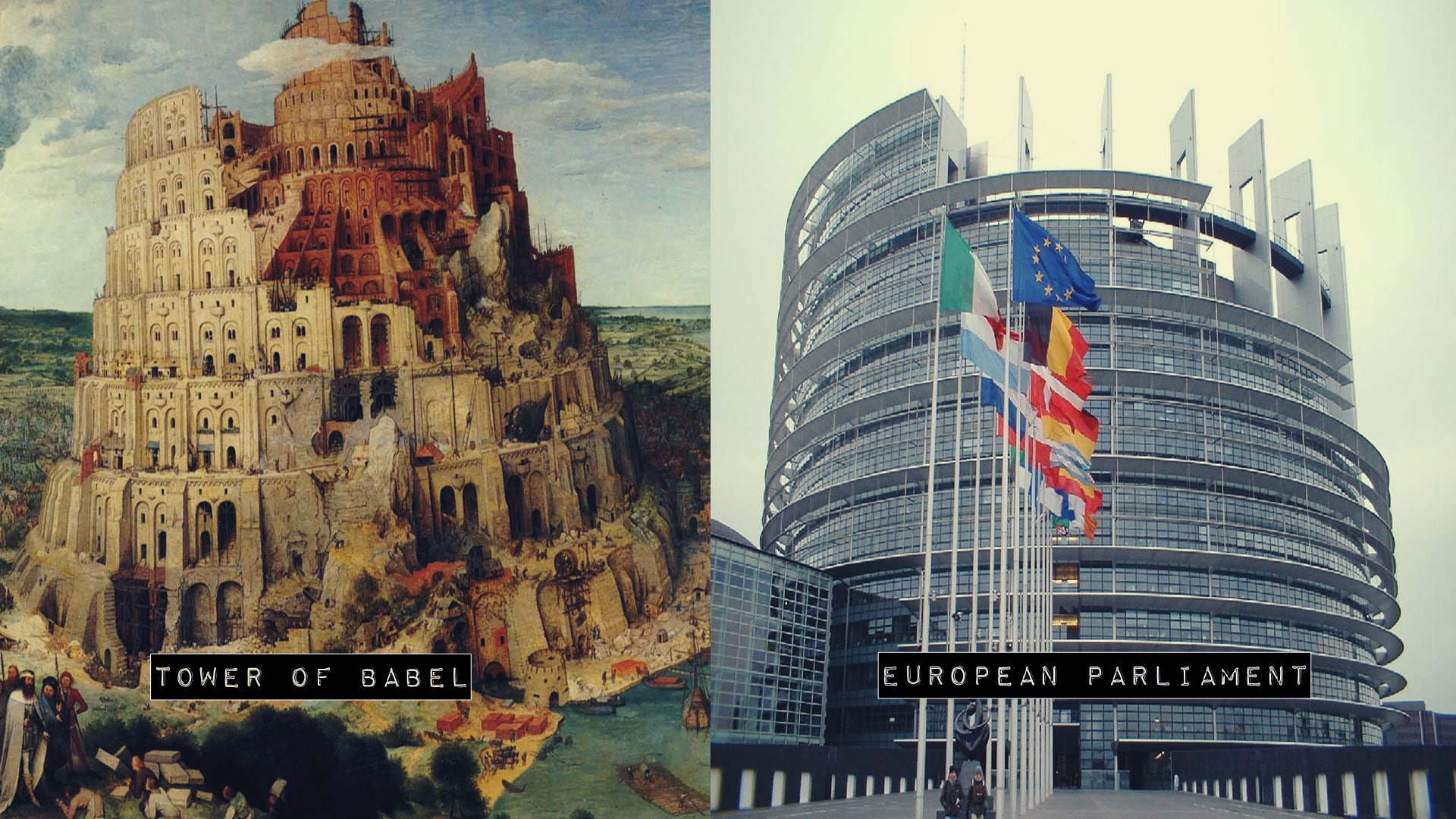 sign, communication, tall - high, text, skyscraper, tourism, tower, sky, travel, Tower Of Babel, travel destinations, no people, European Union, western script, HD Wallpaper