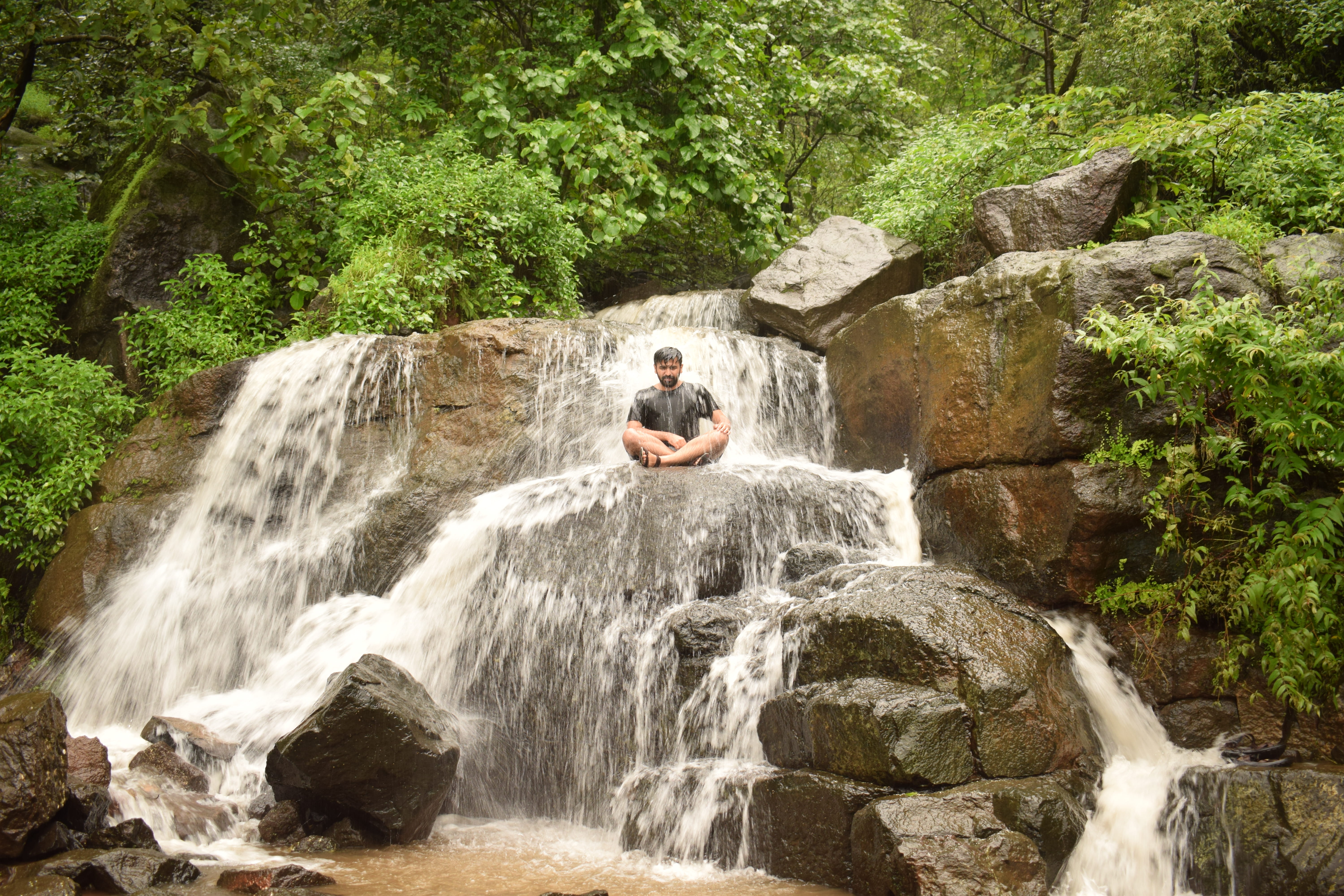scenics - nature, blurred motion, lifestyles, pune, 5K, rock, india, tamhini ghat waterfall, one person, tree, real people, beauty in nature, plant, flowing water, HD Wallpaper
