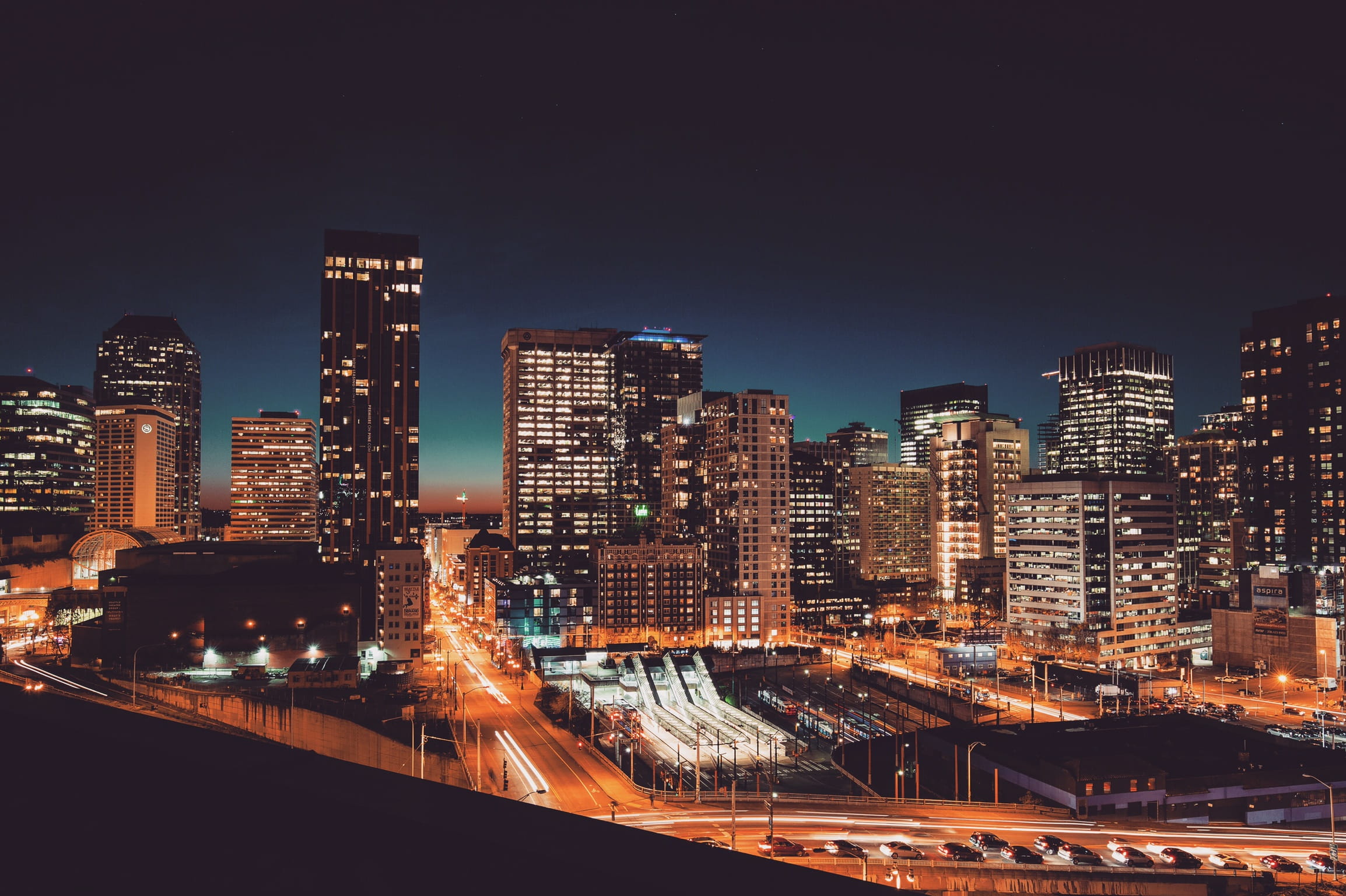 built Structure, downtown District, long exposure, office Building, timelapse, cars, dusk, cityscape, modern, aerial photography, transportation, financial district, HD Wallpaper