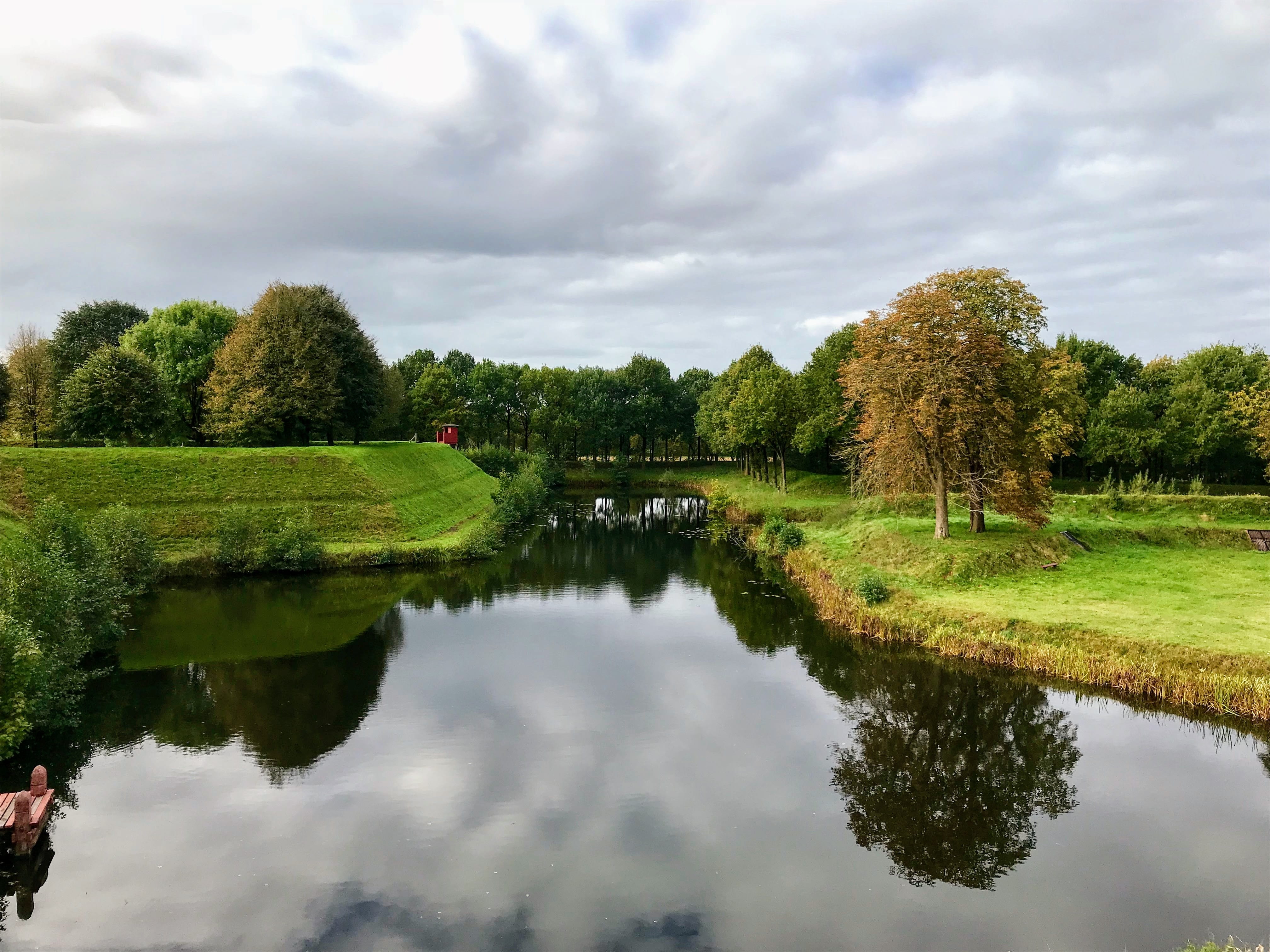outdoors, growth, lake, tree, water, grass, landmark, bastion, reflection, green color, plant, bourtange, cloud - sky, citadel, medieval, tourism, nature, HD Wallpaper