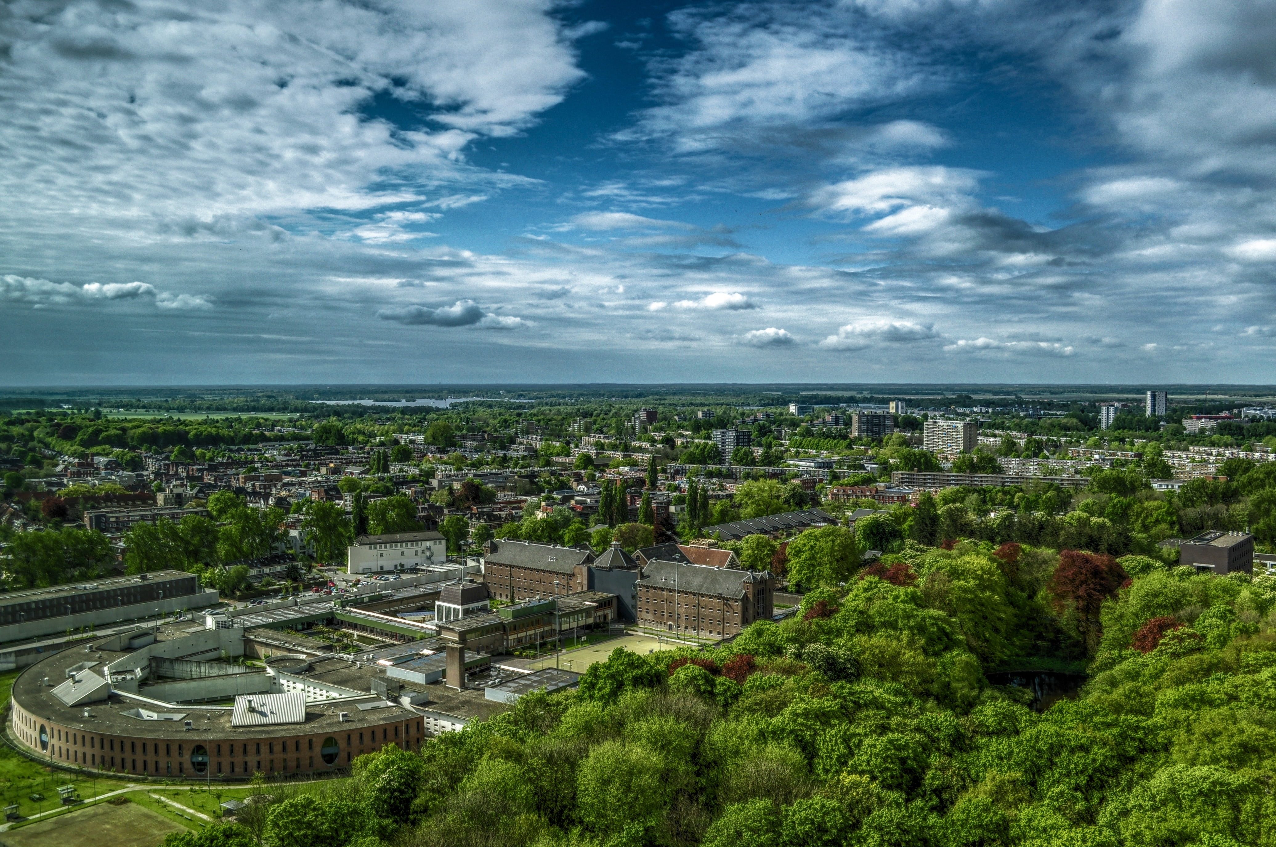 trees, office building exterior, high angle view, cityscape, buildings, landscape, netherlands, horizon, residential district, tree, travel destinations, HD Wallpaper