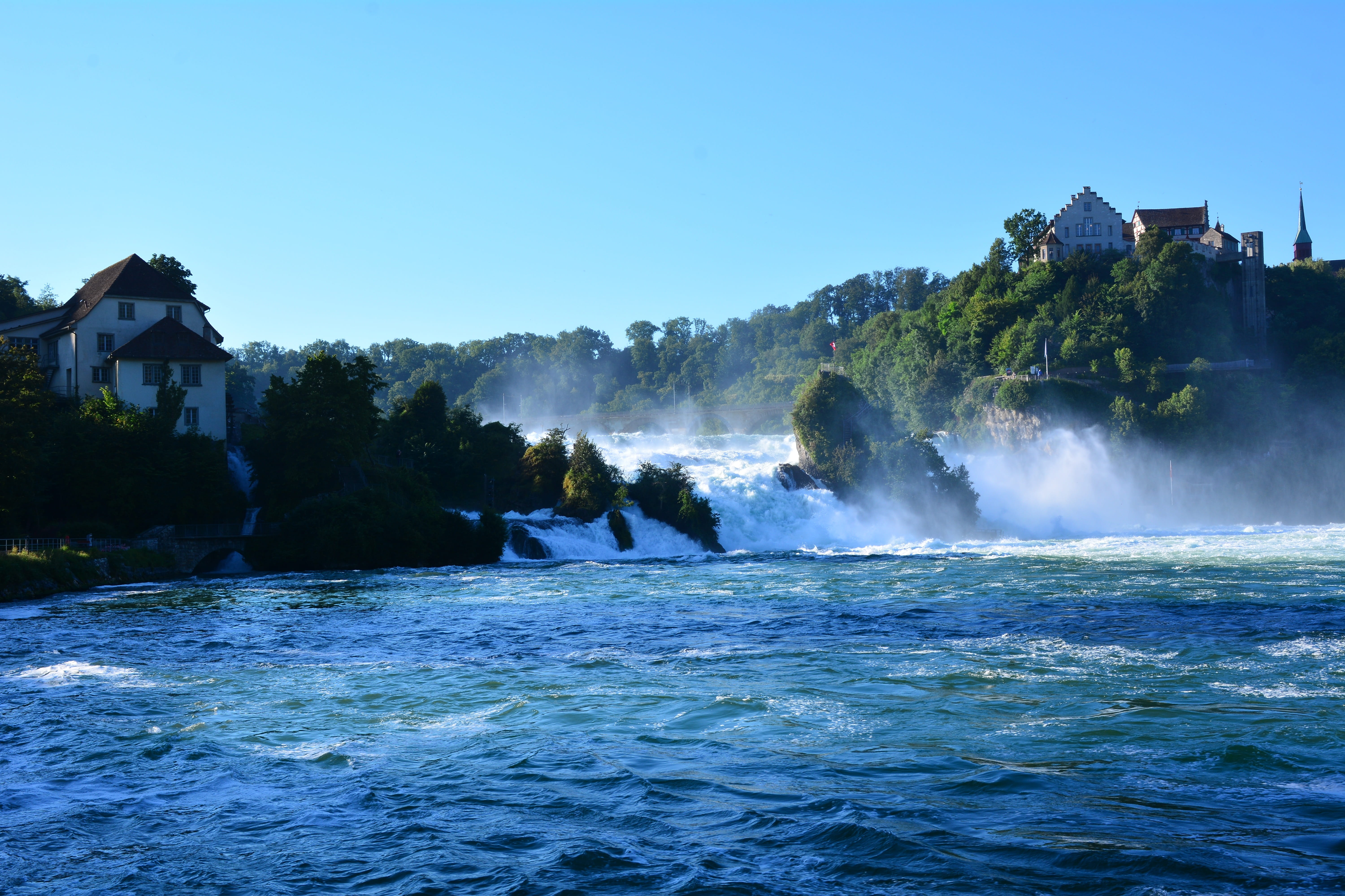 switzerland, power in nature, castle, swiss, waterflow, green, panorama, blue, environment, largest, architecture, power, nature, europe, cascade, sky, HD Wallpaper