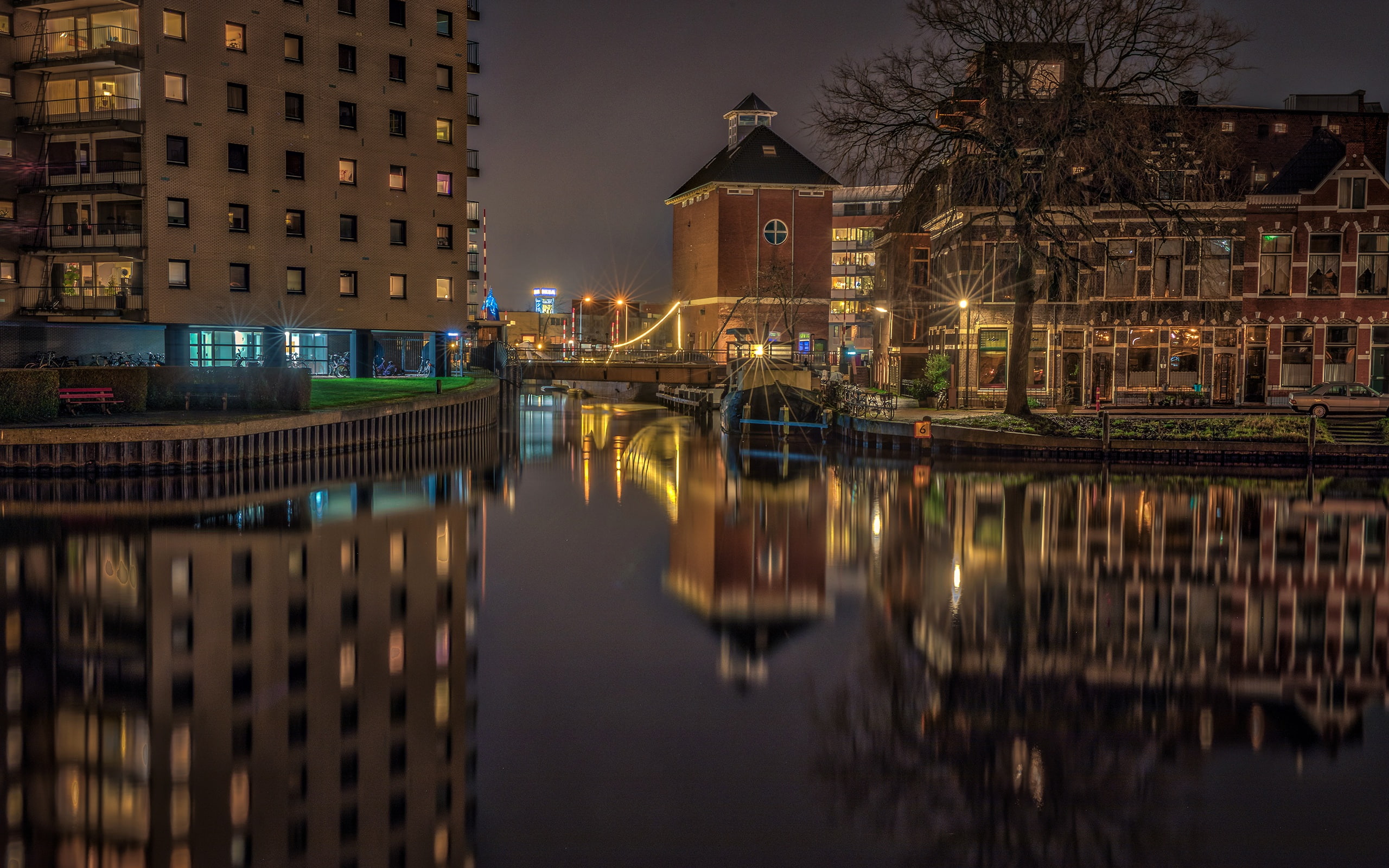 river, tree, Netherlands, channel, Groningen, lights, reflection, home, 2K, night, water, bridge, HD Wallpaper