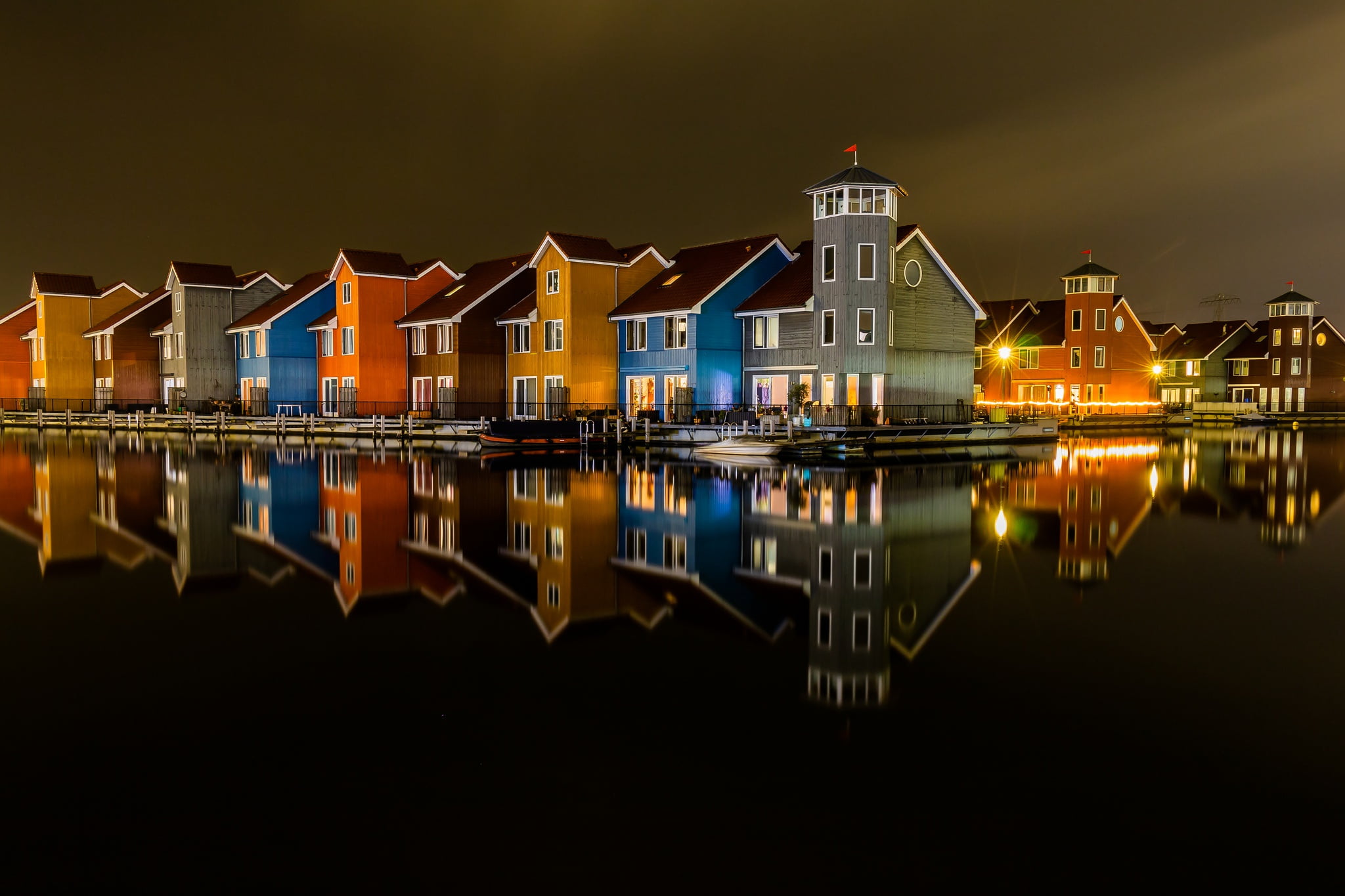 Holland, channel, Netherlands, 1080P, the evening, backlight, Groningen, lights, HD Wallpaper