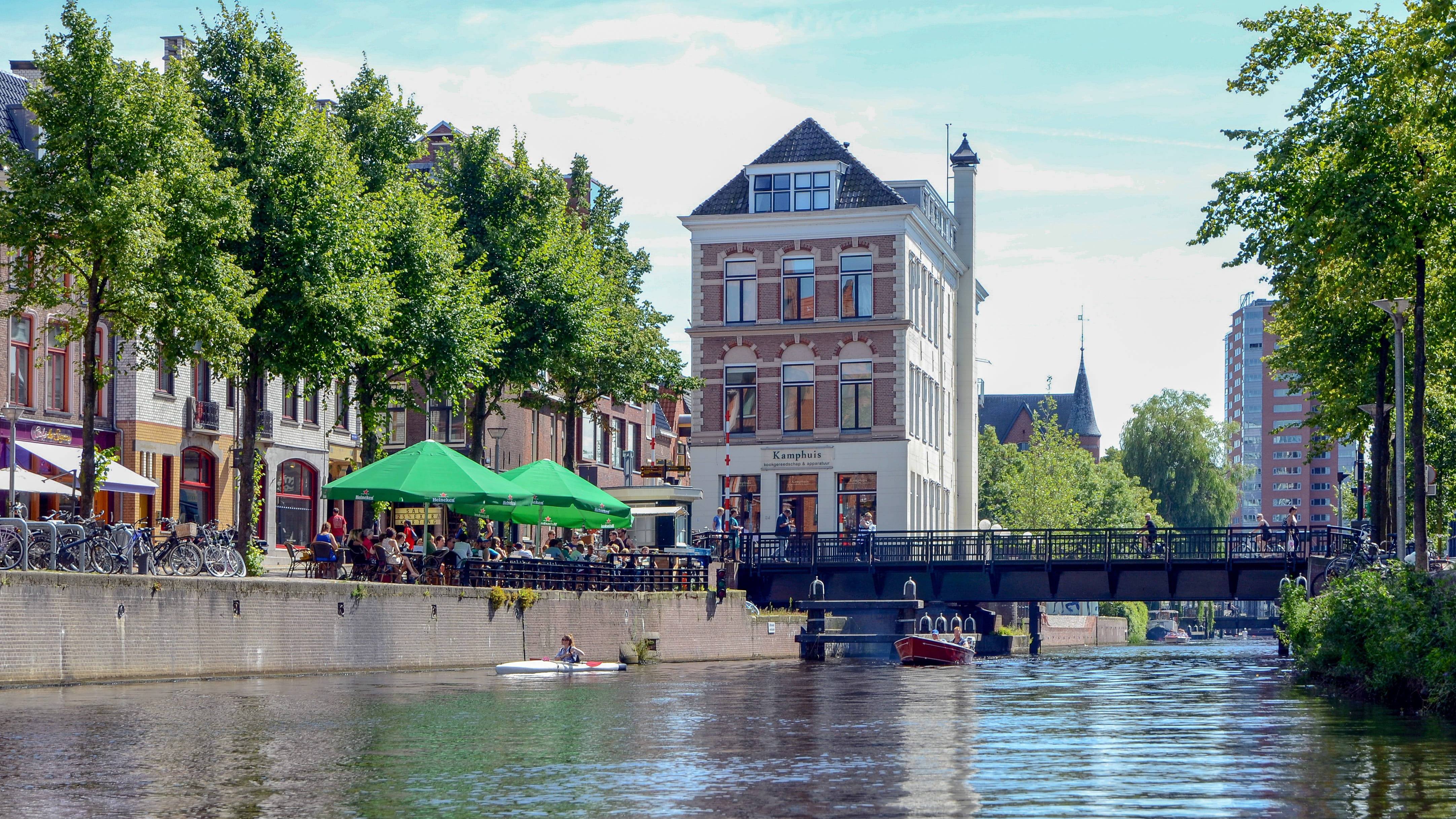 nautical vessel, structure, rain, nature, middle ages, center, river, connection, outdoors, groningen, day, city, canal, houses, street scene, facade, tree, HD Wallpaper
