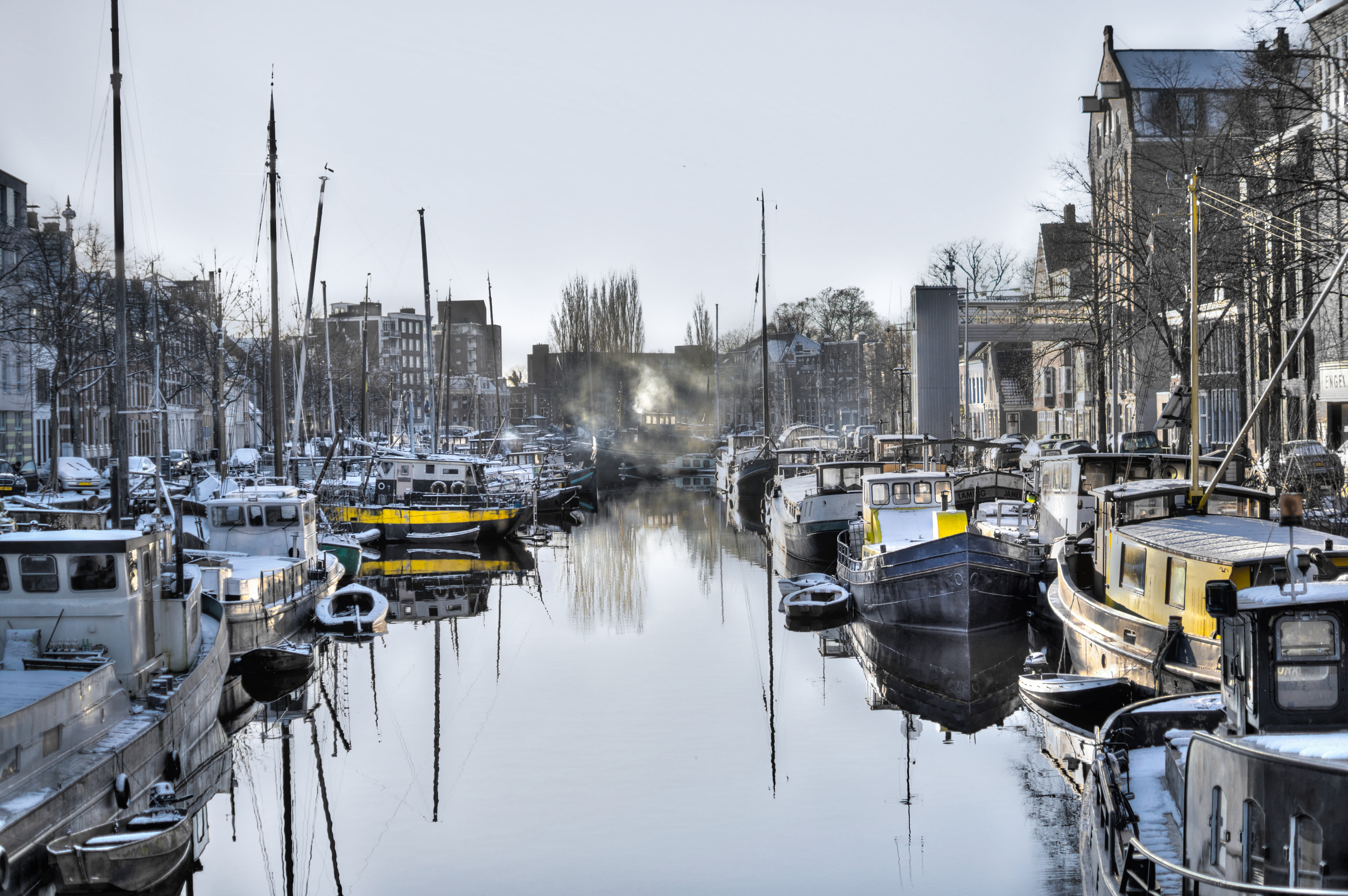 5K, scenic, marina, canal, architecture, moored, mode of transportation, holland, sky, winter, city, tourism, outdoors, reflection, dutch, river, warehouse, HD Wallpaper