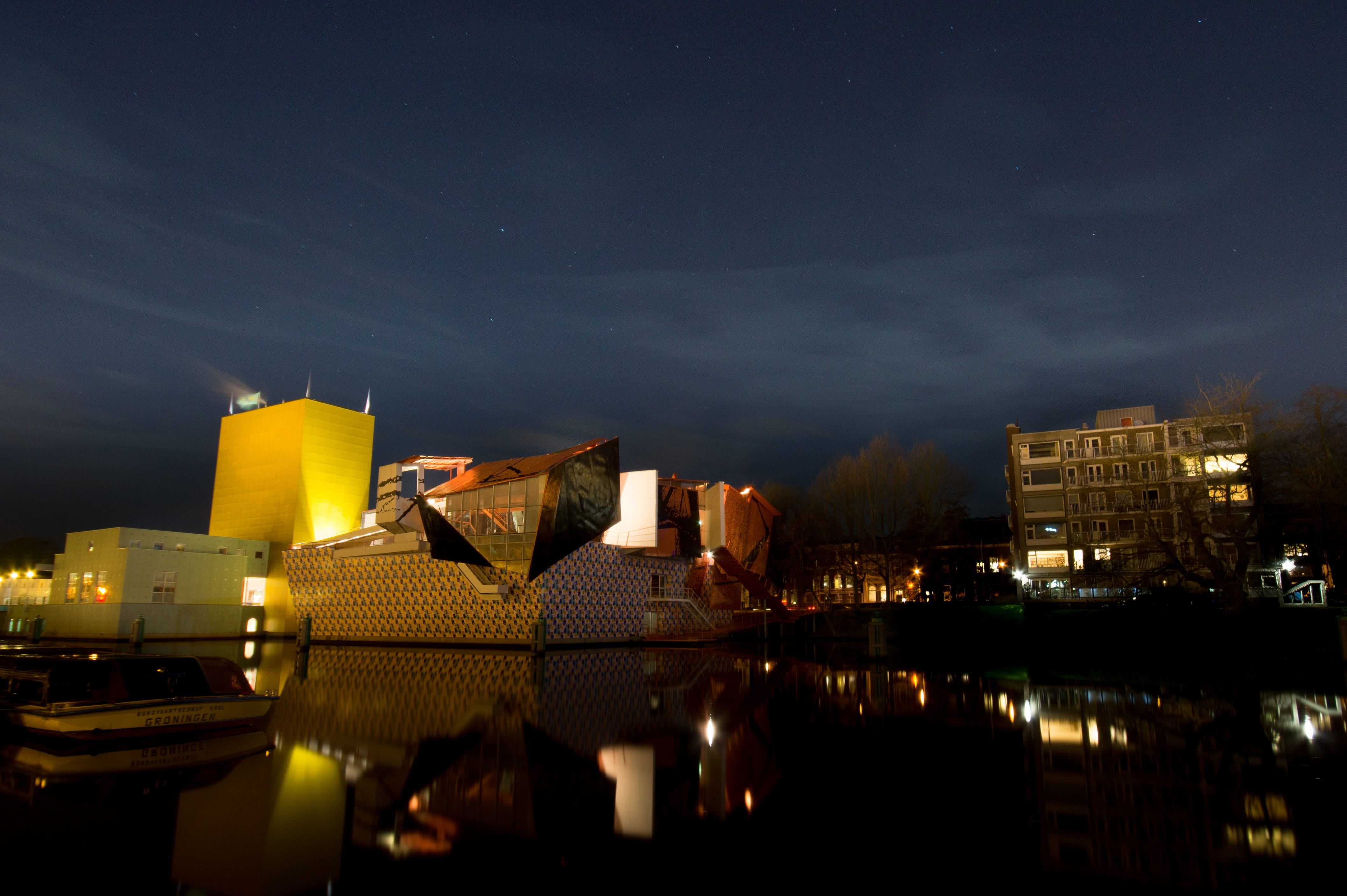 cityscape, travel destinations, modern, City, nightlife, Museum, Night, Museum, water, illuminated, museum, no people, 4K, nature, Groningen, building exterior, HD Wallpaper