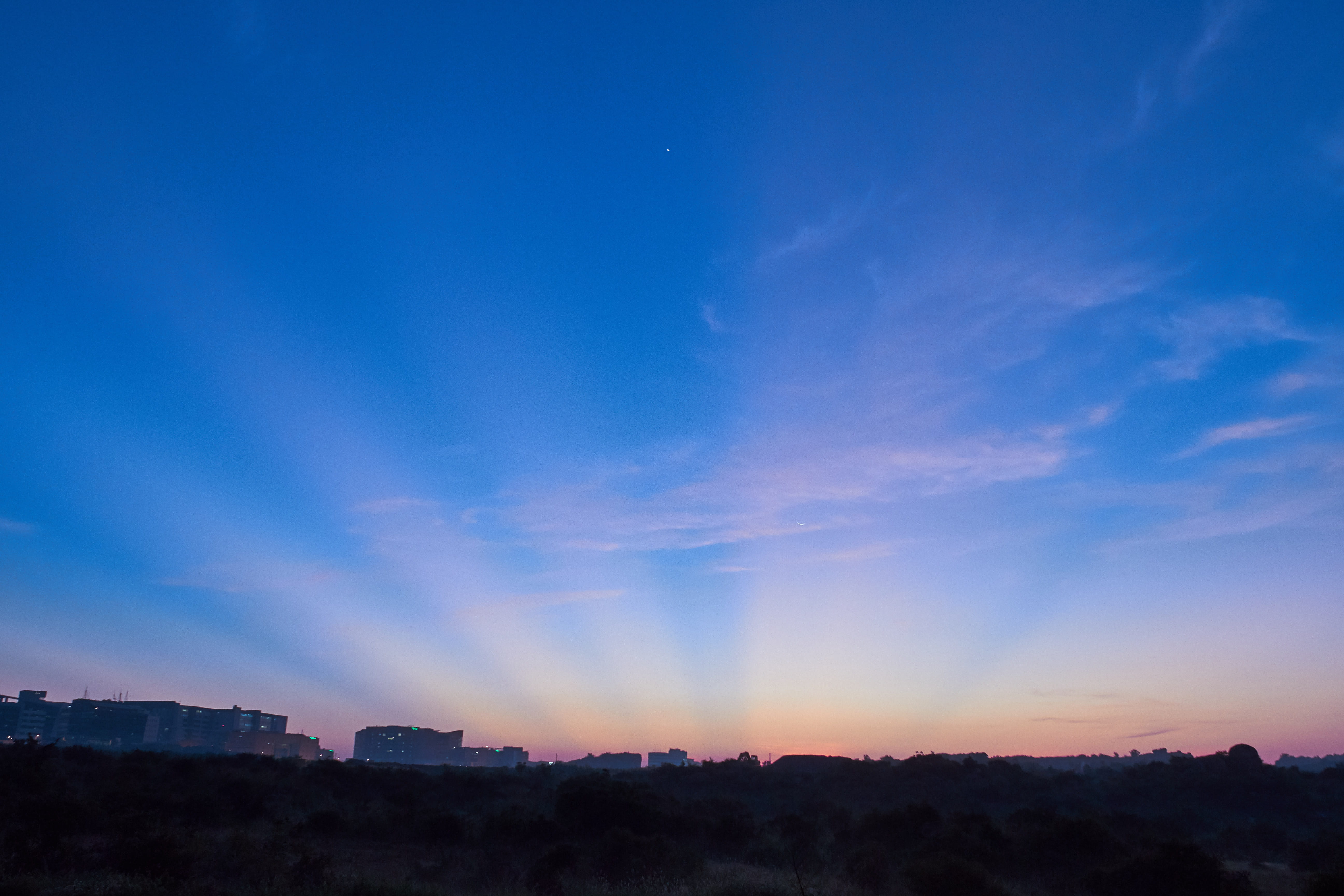 no people, beauty in nature, landscape, sunrise, built structure, illuminated, cityscape, environment, hyderabad, cloud - sky, city, sunset, blue, tranquility, HD Wallpaper