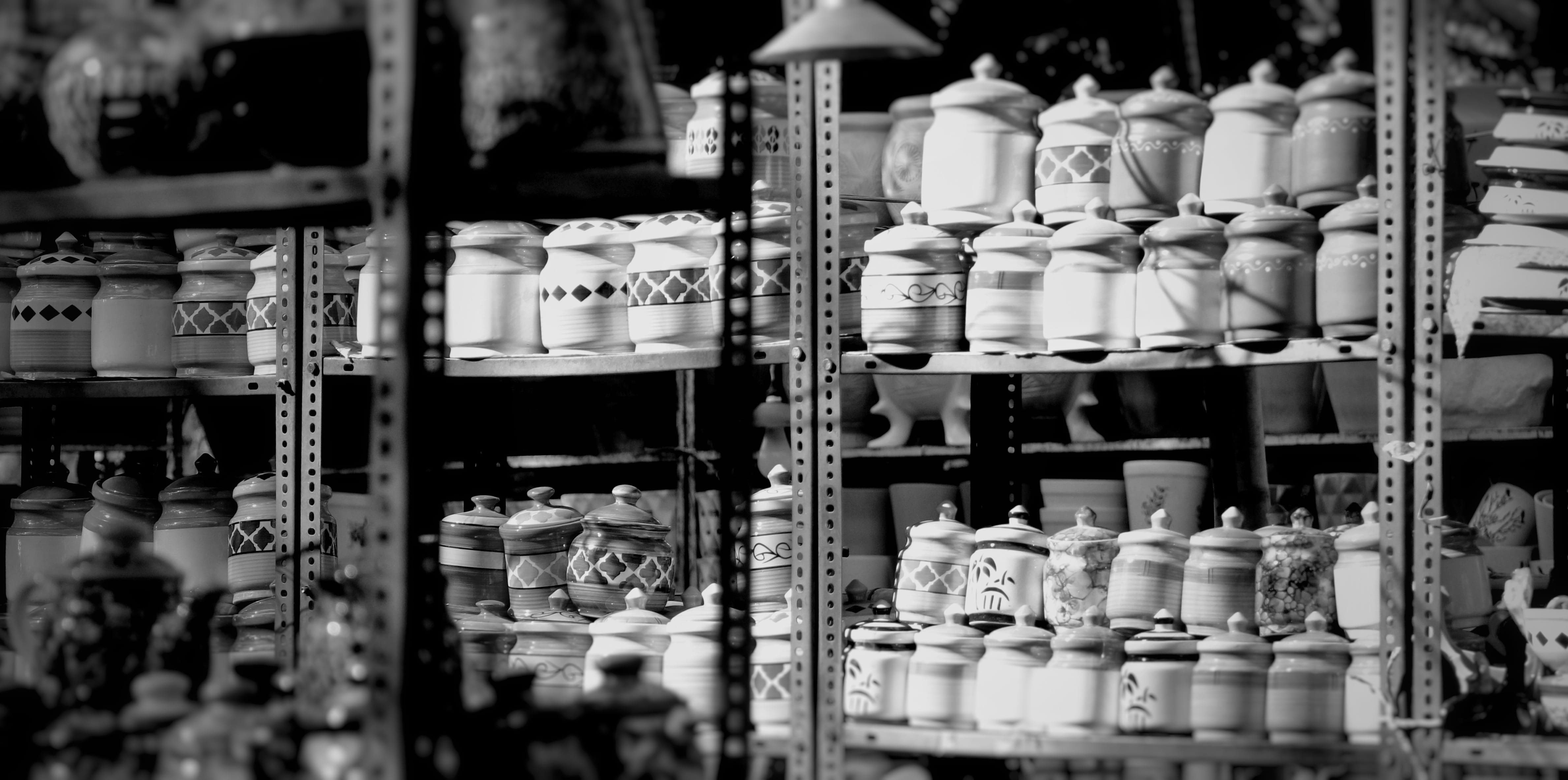 arrangement, shelf, container, handcrafts, collection, for sale, large group of objects, abundance, Hyderabad, still life, bw, no people, ceramic, retail, HD Wallpaper
