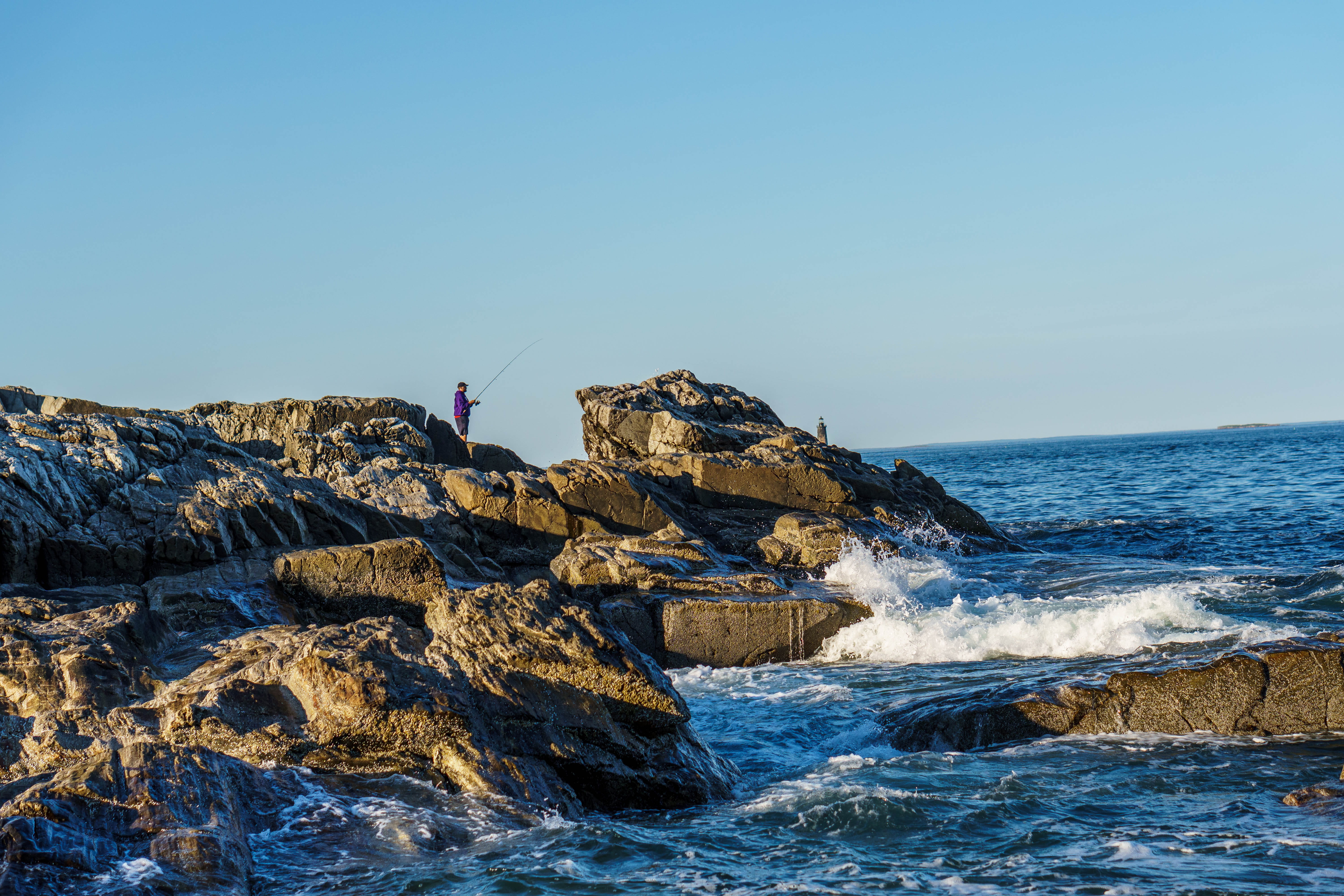 leisure activity, power in nature, fisherman, day, motion, portland maine, nature, water, clear sky, rock - object, united states, rock formation, copy space, HD Wallpaper