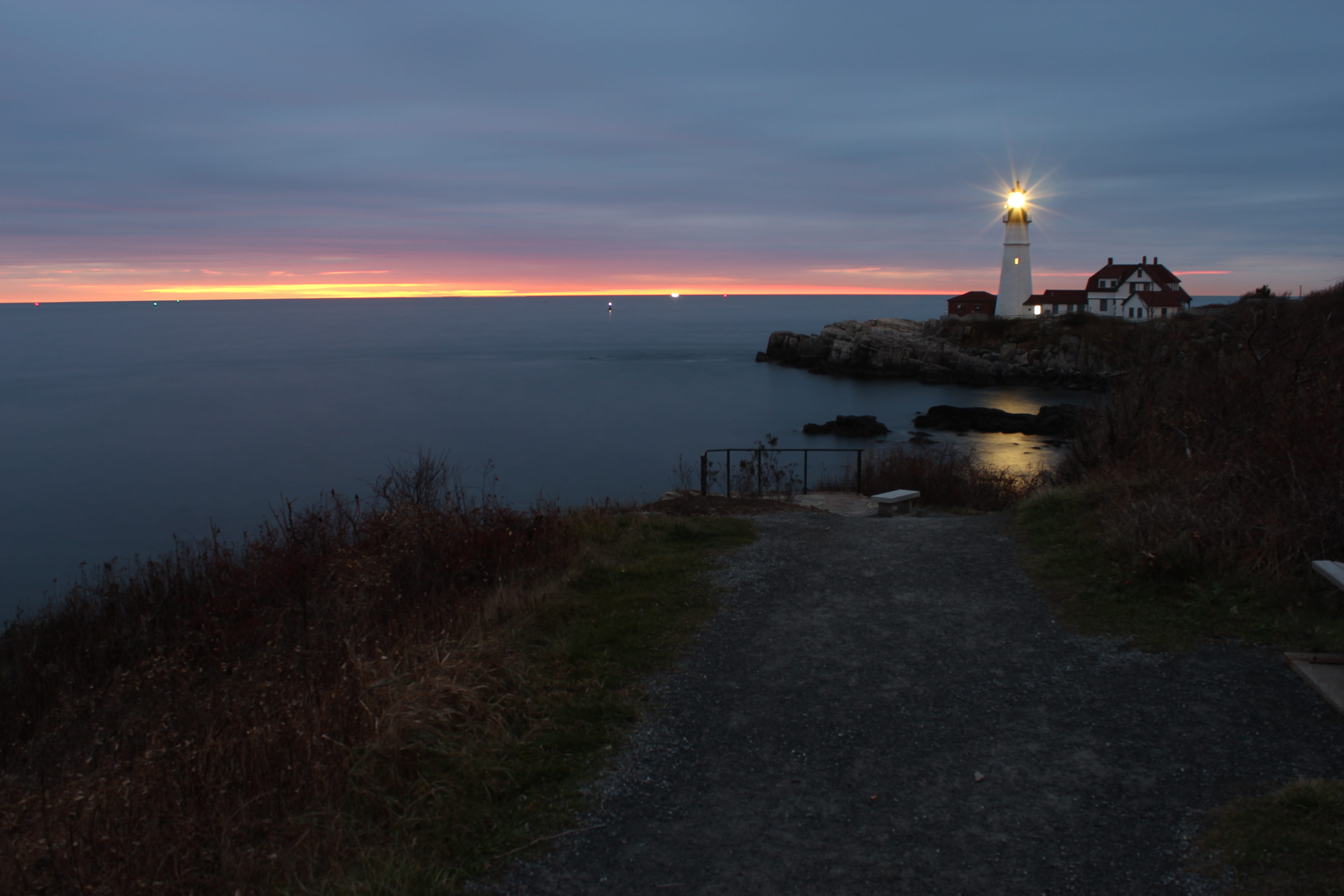 beauty in nature, dawn, horizon over water, cloud, portland, outdoors, scenics - nature, cloud - sky, cape elizabeth, path, travel, seashore, tourism, built structure, HD Wallpaper