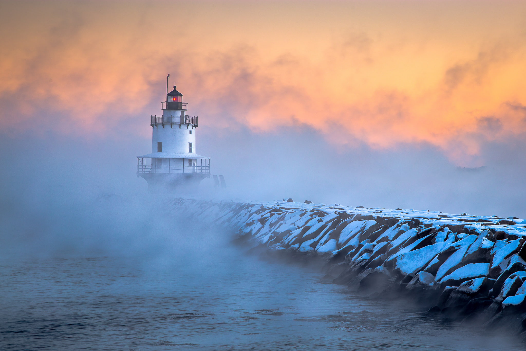 morning, lighthouse, pierce, South Portland, 1080P, Maine, dawn, frost, HD Wallpaper