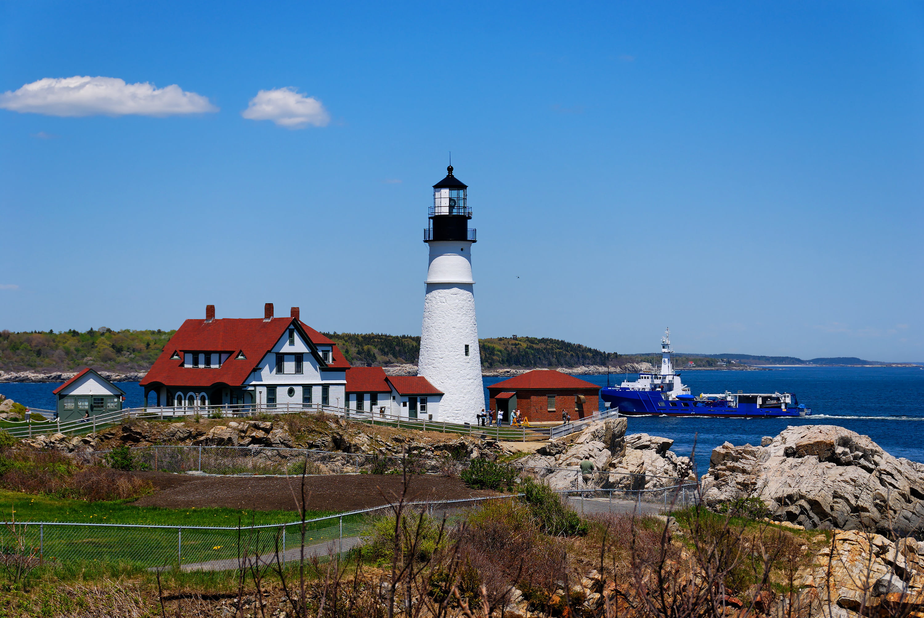 tower, no people, sea, stones, safety, Portland, architecture, outdoors, security, built structure, lighthouse, day, ship, protection, sky, USA, nature, HD Wallpaper