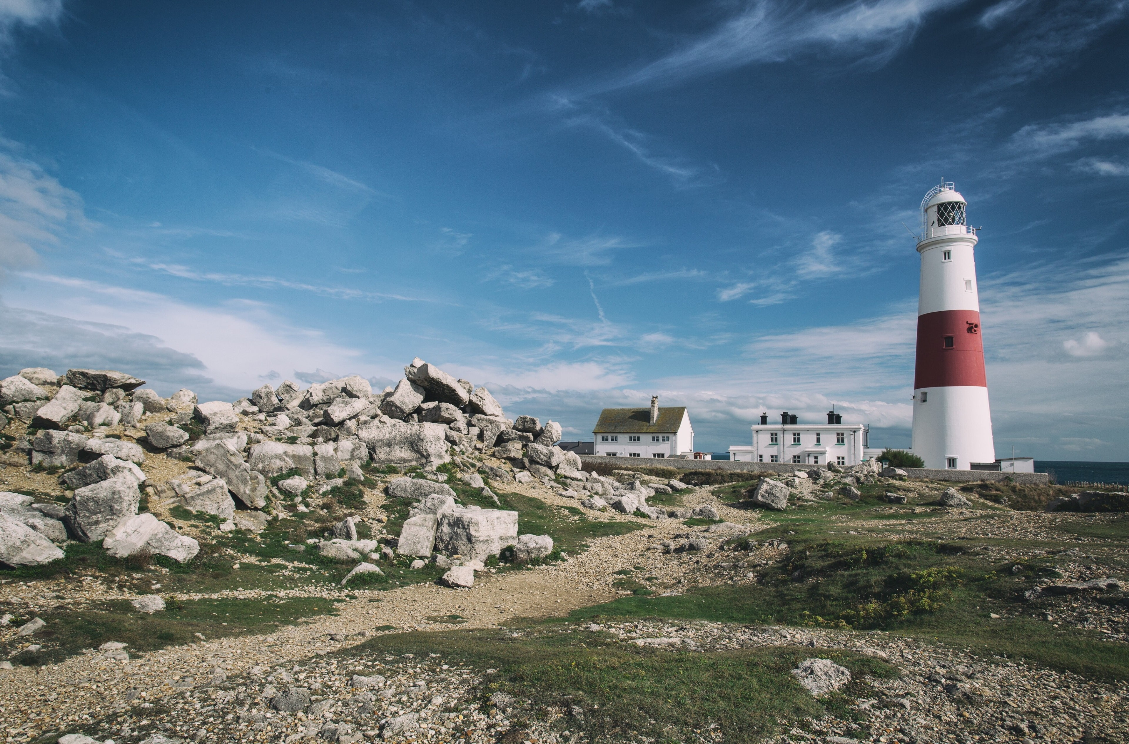 day, nature, portland bill lighthouse 4k pc  hd quality, built structure, building, protection, no people, security, guidance, 4K, outdoors, rock - object, HD Wallpaper