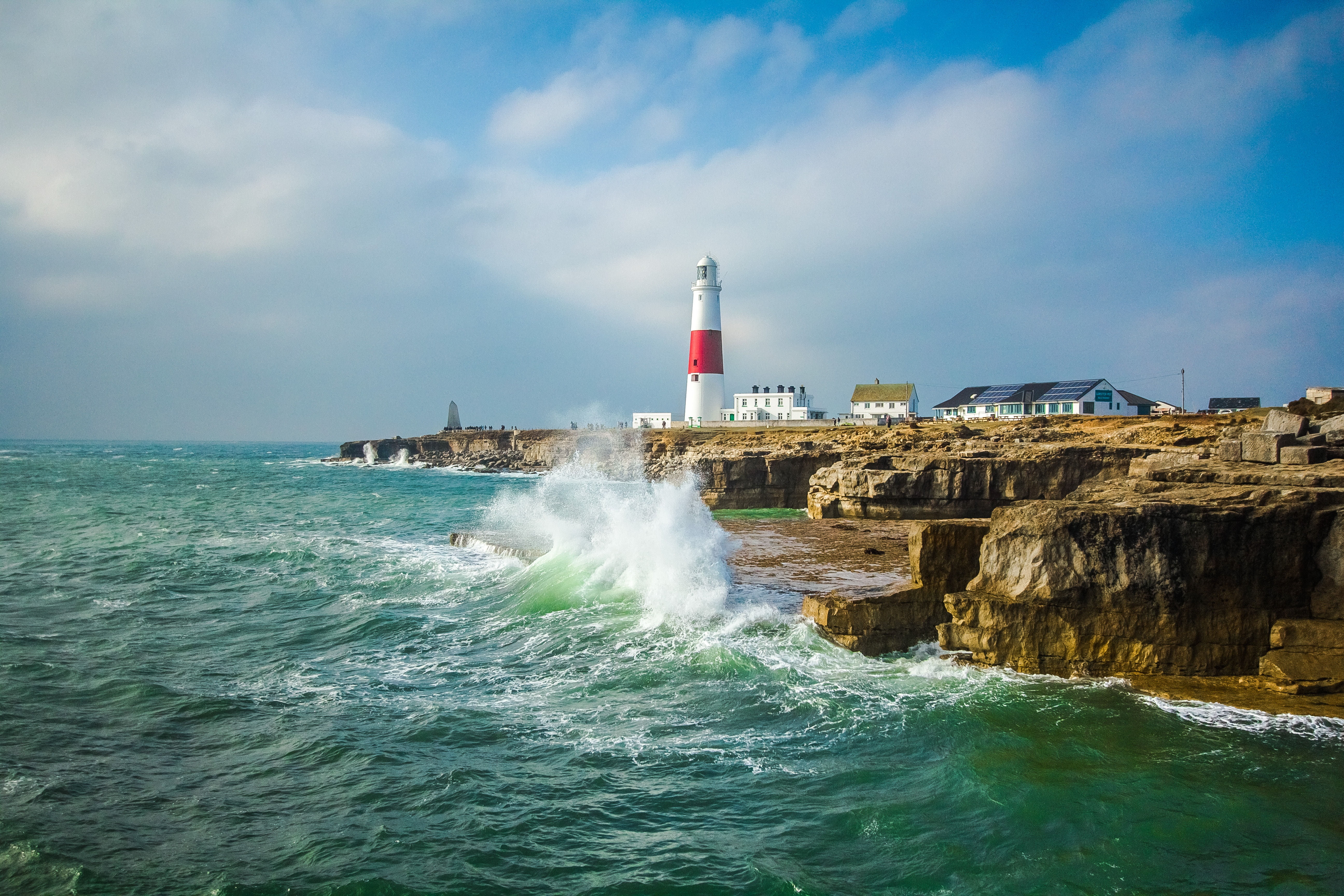 rock, cloud - sky, lighthouse, cliff, sky, direction, building exterior, ocean, day, motion, england, portland, built structure, scenics - nature, breaking, HD Wallpaper