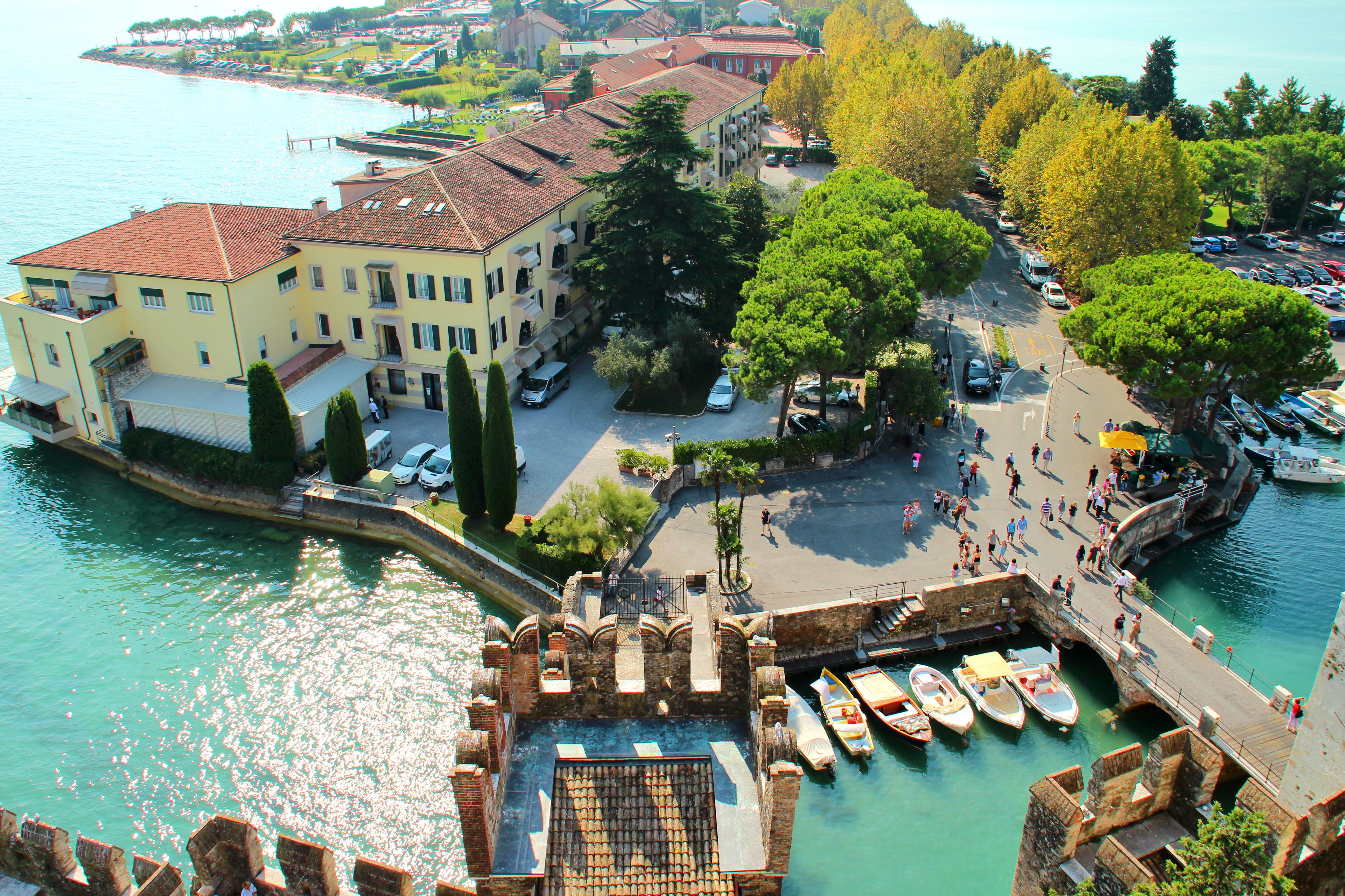 Sirmione, the view from the top, canal, home, waterfront, city, architecture, building exterior, high angle view, bay, lake, trees, nature, nautical vessel, HD Wallpaper