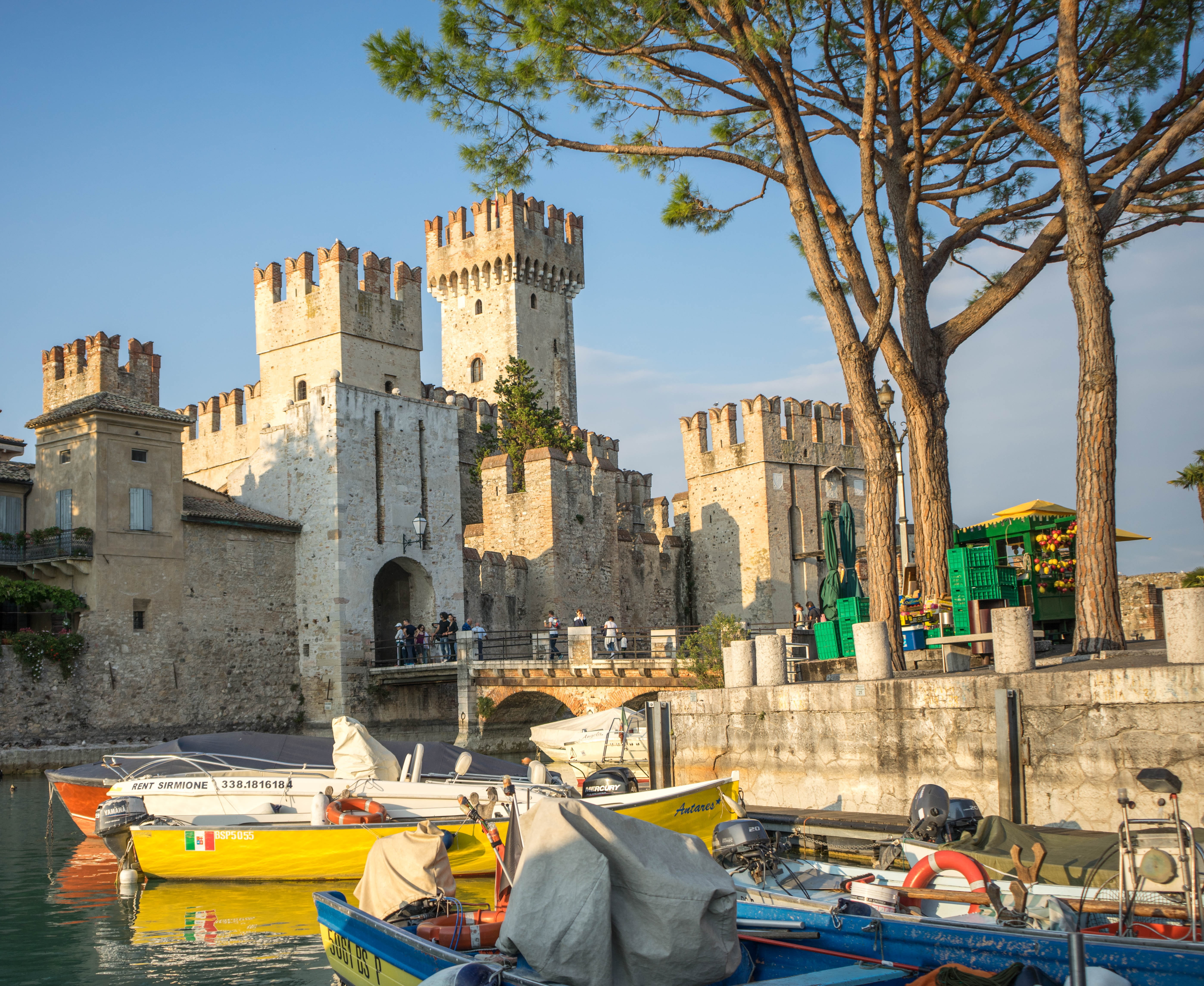 sirmione, transportation, moored, building, sky, landmark, history, mode of transportation, castle, nautical vessel, 5K, real people, assorted, water, HD Wallpaper
