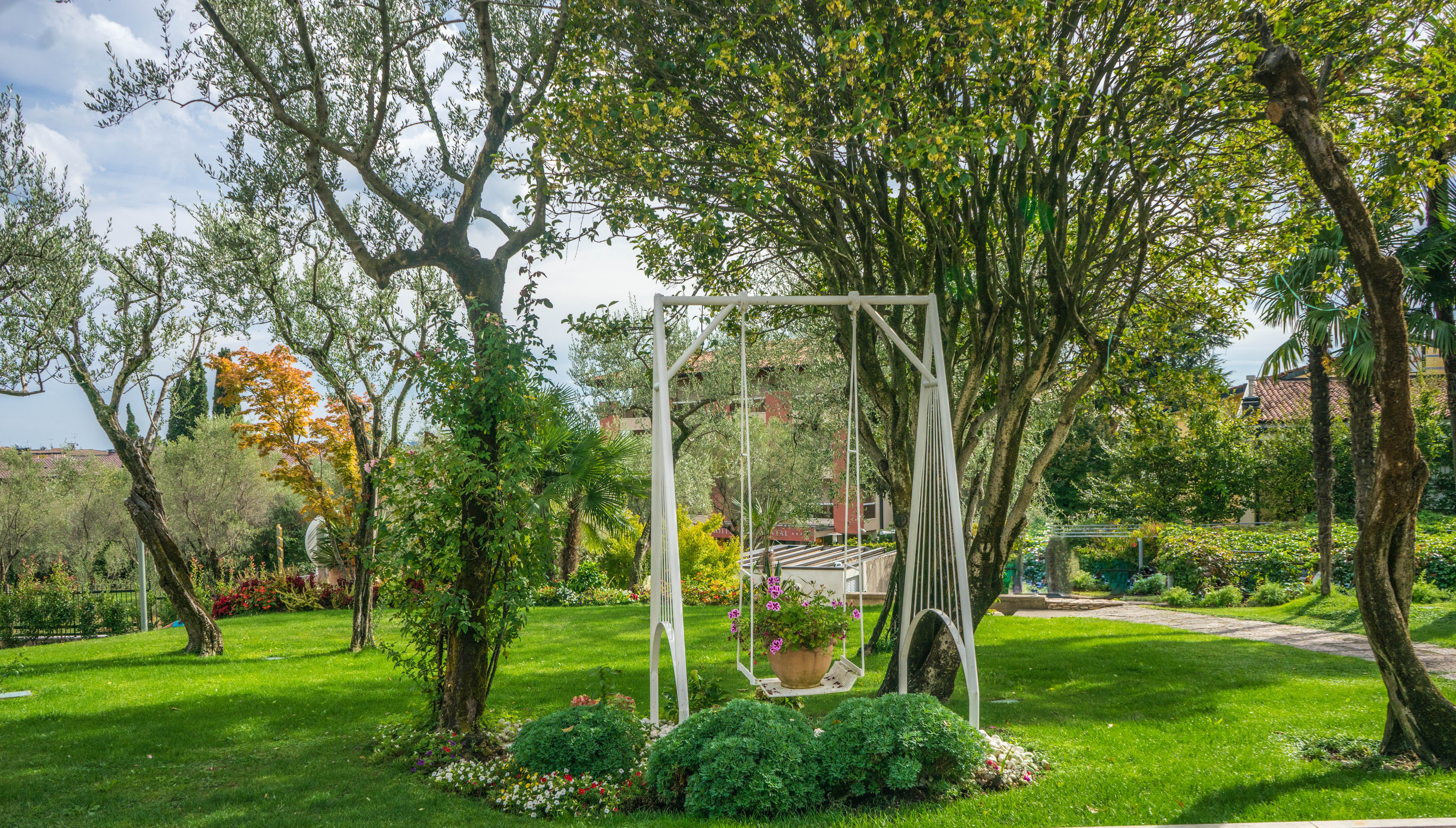 park, garden, travel, growth, sky, beauty in nature, grass, view, lake garda, sirmione, green color, plant, tree trunk, park - Man Made Space, flowers, HD Wallpaper