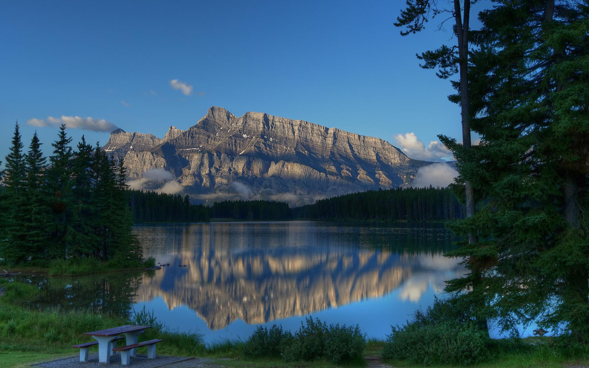 spot, mountain, perfect, lake, nature and landscapes, picnic, reflection, forest, 1080P, picnic table, HD Wallpaper