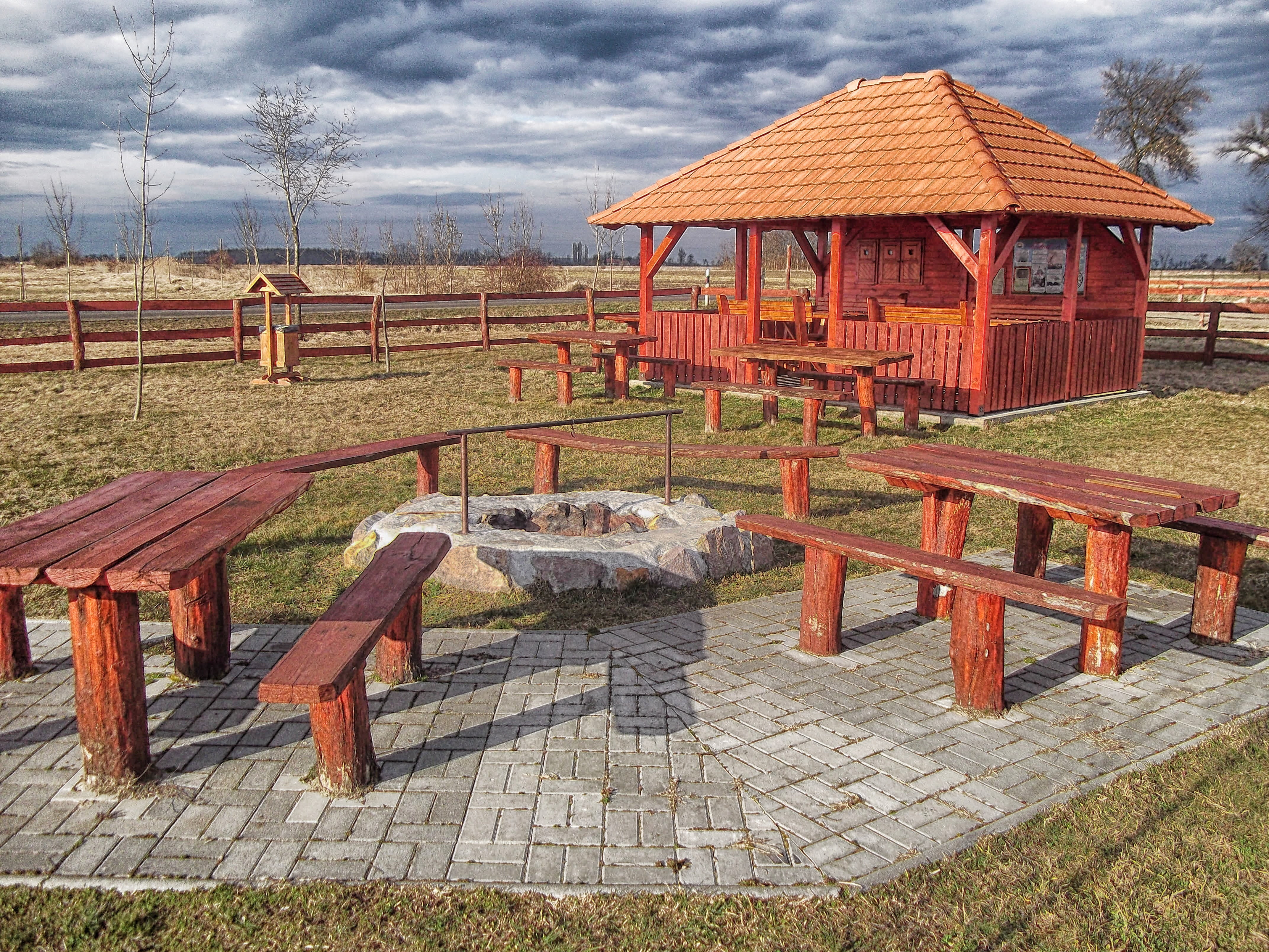 picnic spot, benches, chair, plant, no people, fence, countryside, outdoors, table, bench, seat, sunlight, country, barrier, absence, architecture, cloud - sky, HD Wallpaper