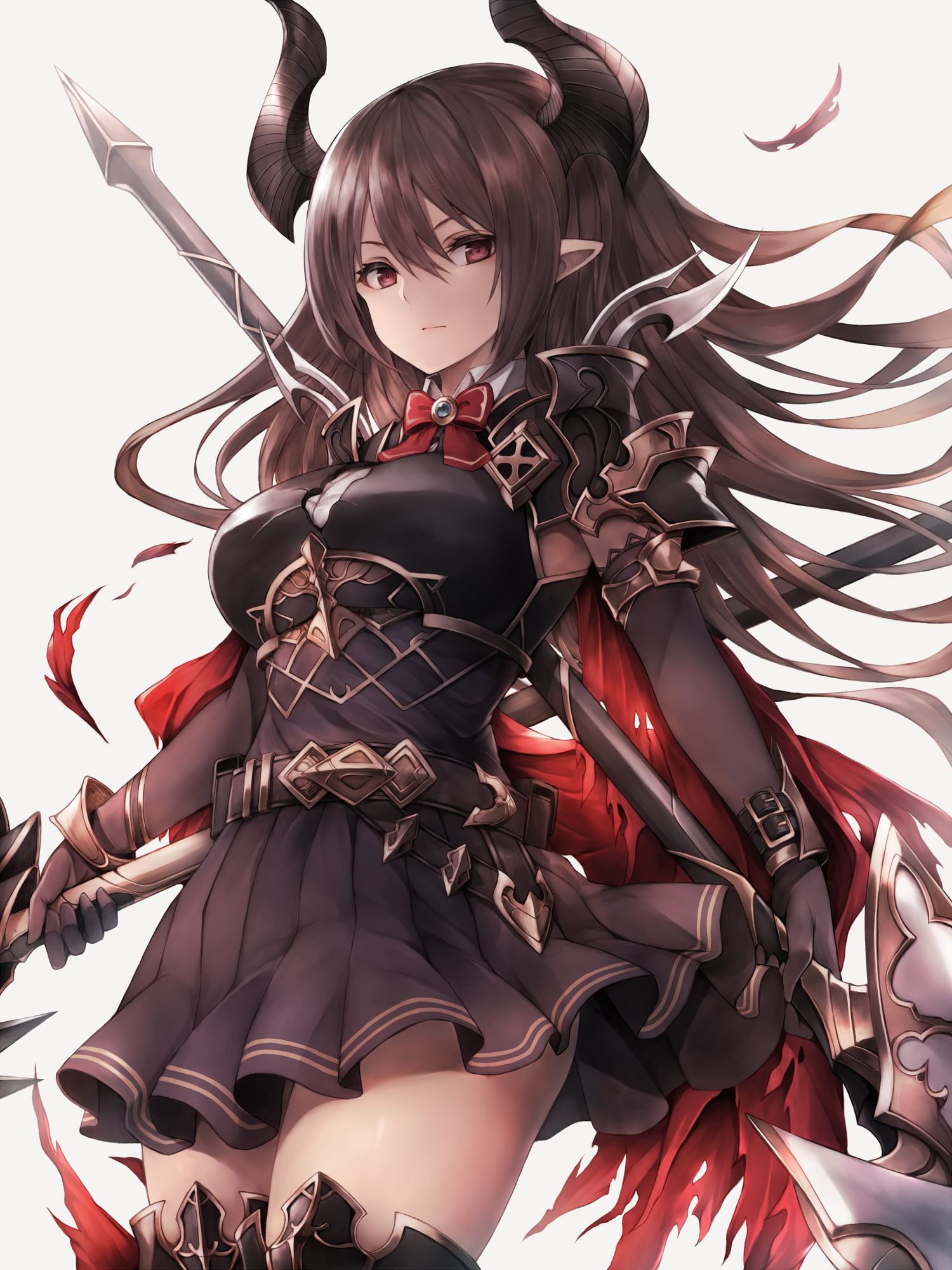 spear, black hair, 1080P, anime girls, skirt, gloves, anime, black eyes, Shingeki no Bahamut, simple background, brunette, digital art, dress, vertical, Phone HD Wallpaper
