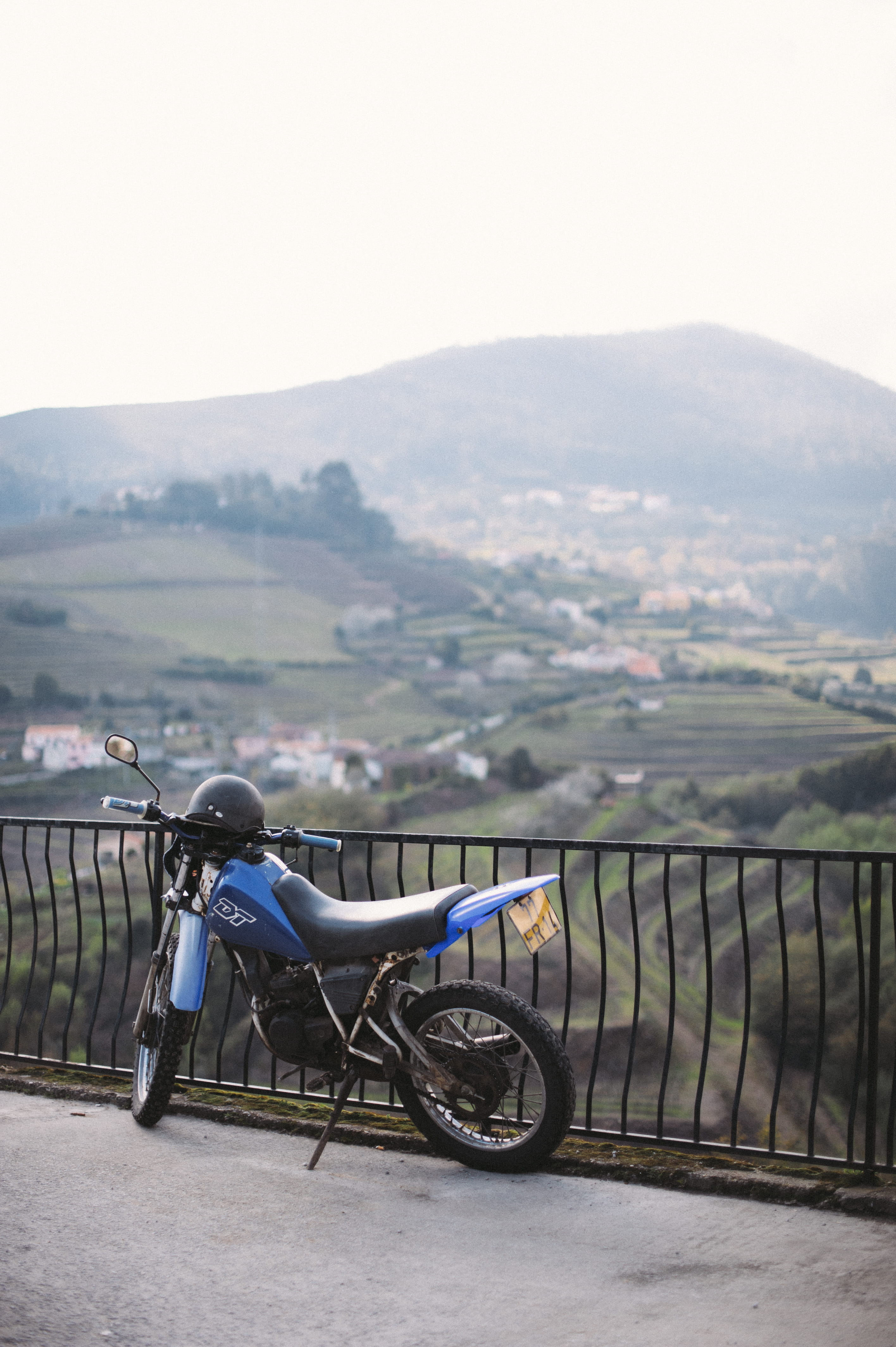 bike, sky, transpotation, day, railing, travel, boundary, 4K, motocross, stationary, scenics - nature, journey, clear sky, land vehicle, landscape, transportation, Phone HD Wallpaper