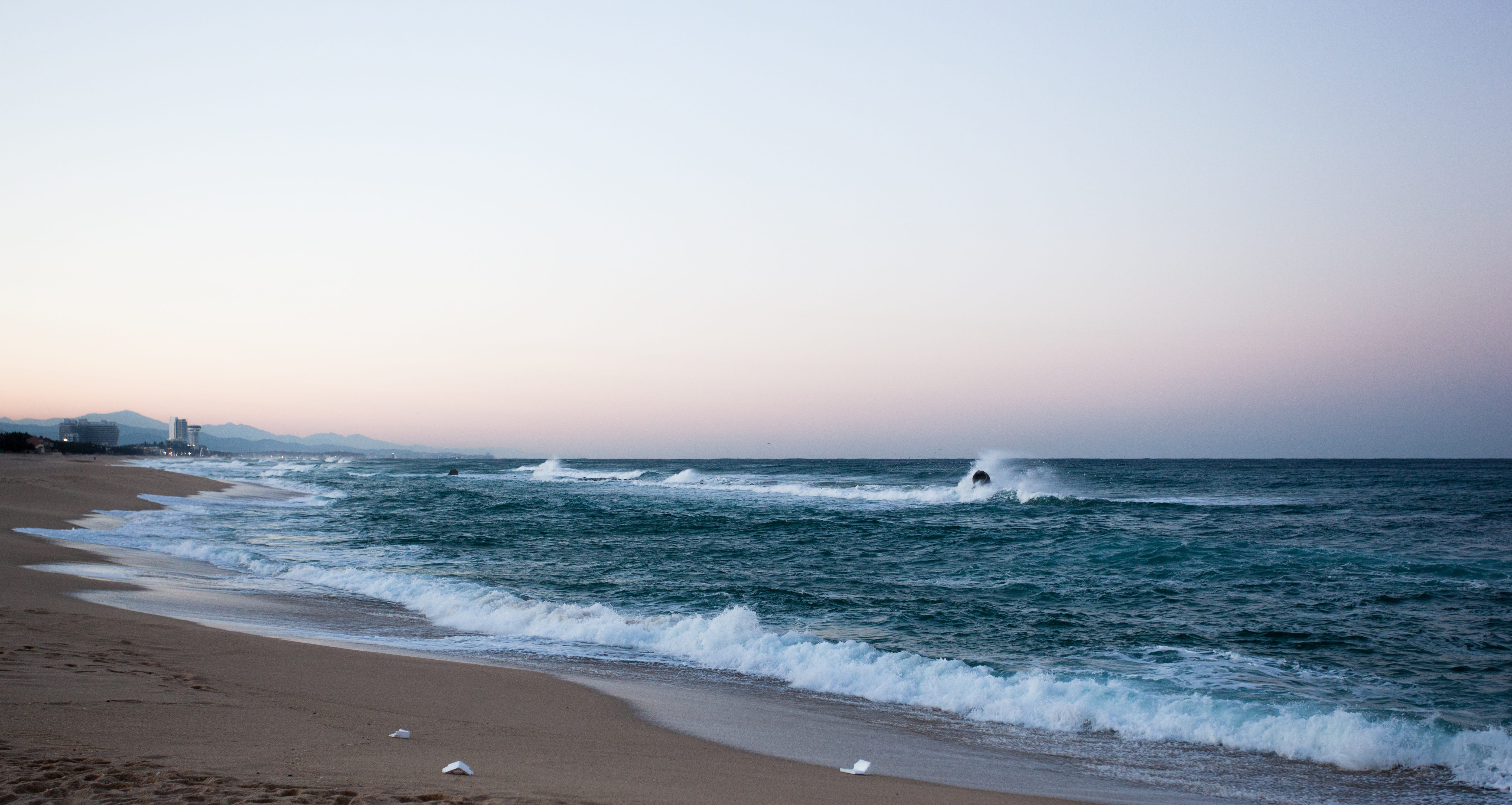 scenics - nature, sunset, sea, clear sky, water, strong, waves, rocks, outdoors, motion, 5K, sport, nature, sky, horizon over water, surfing, sand, wave, HD Wallpaper