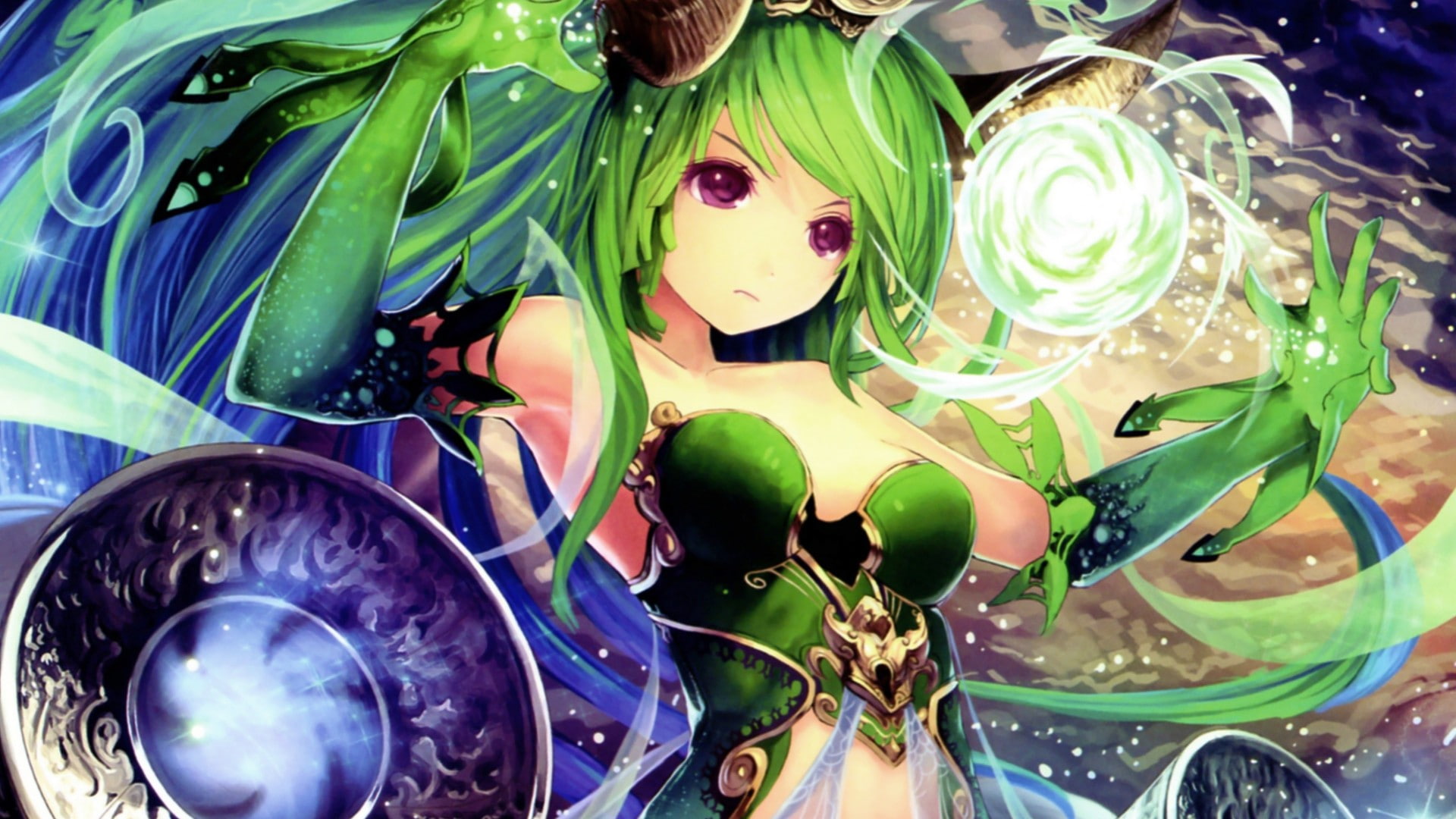 green hair, 1080P, hair, anime girl, rage, bahamut, girl, cygames, rage of bahamut, green, anime, HD Wallpaper