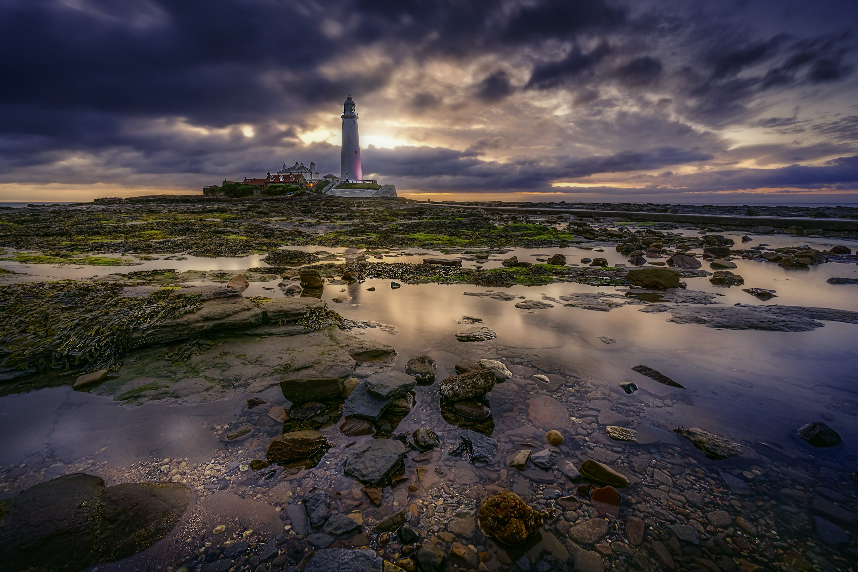 land, st. marys lighthouse, clouds, no people, sunset, beach, building, low tide, building exterior, water, landscape, scenic, ocean, St. Marys Lighthouse, HD Wallpaper
