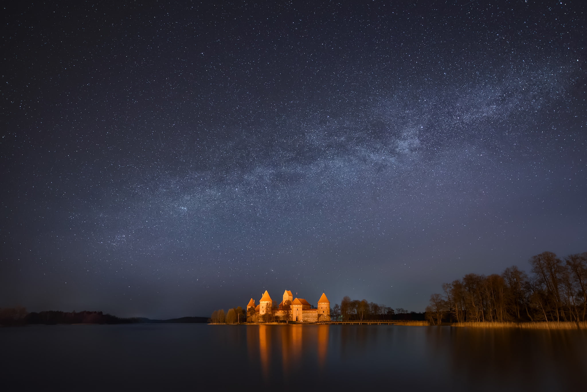 tranquility, space and astronomy, 1080P, architecture, no people, castle, star - space, trees, reflection, The Milky Way, Lithuania, brown, galaxy, sky, HD Wallpaper