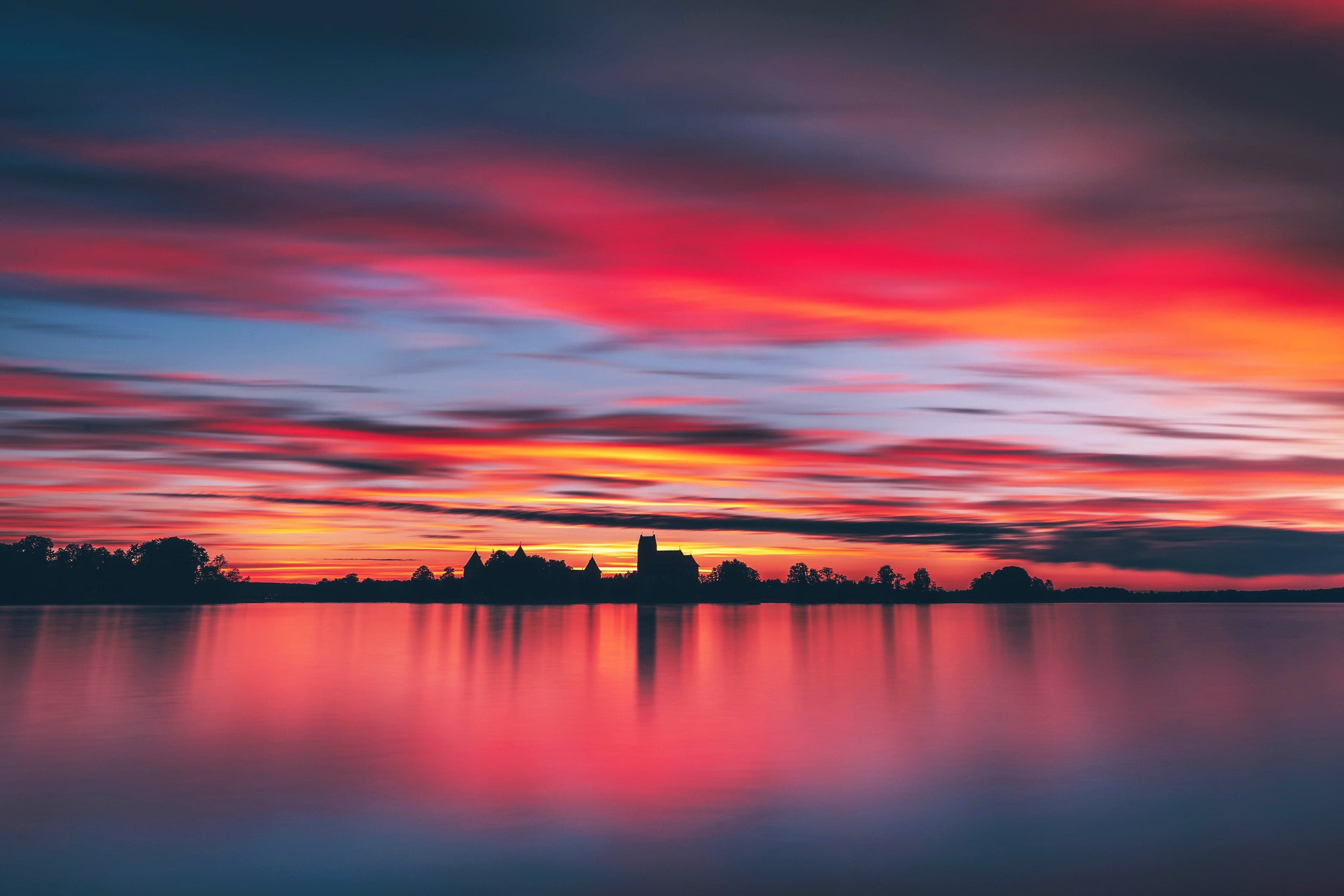 Trakai, castle, Lithuania, 1080P, night, lake, HD Wallpaper