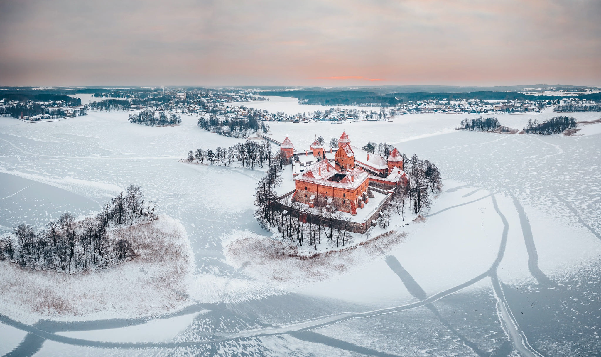 Trakai, Lithuania, castle, 1080P, winter, HD Wallpaper
