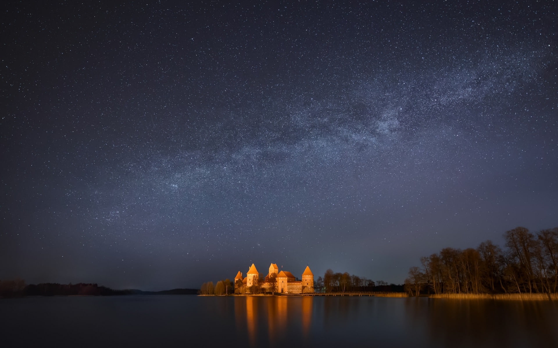 water, milky way, brown, night, architecture, travel destinations, 1080P, waterfront, scenics - nature, space, castle, sky, star - space, beauty in nature, HD Wallpaper