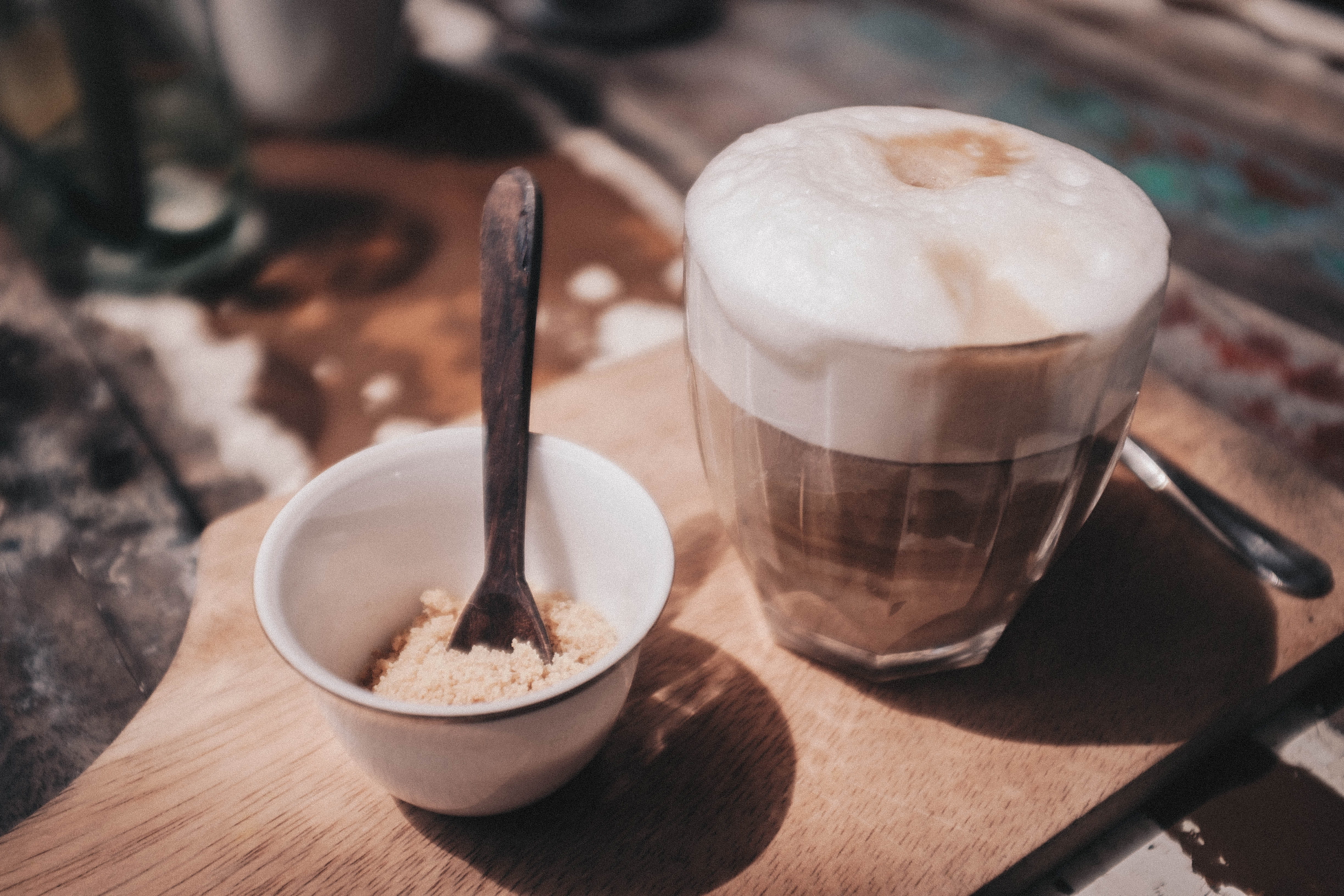 close-up, sugar, drink, focus on foreground, coffee, indoors, capuchino, latte, food, wood - material, drinking glass, household equipment, poonies, sri lanka, HD Wallpaper